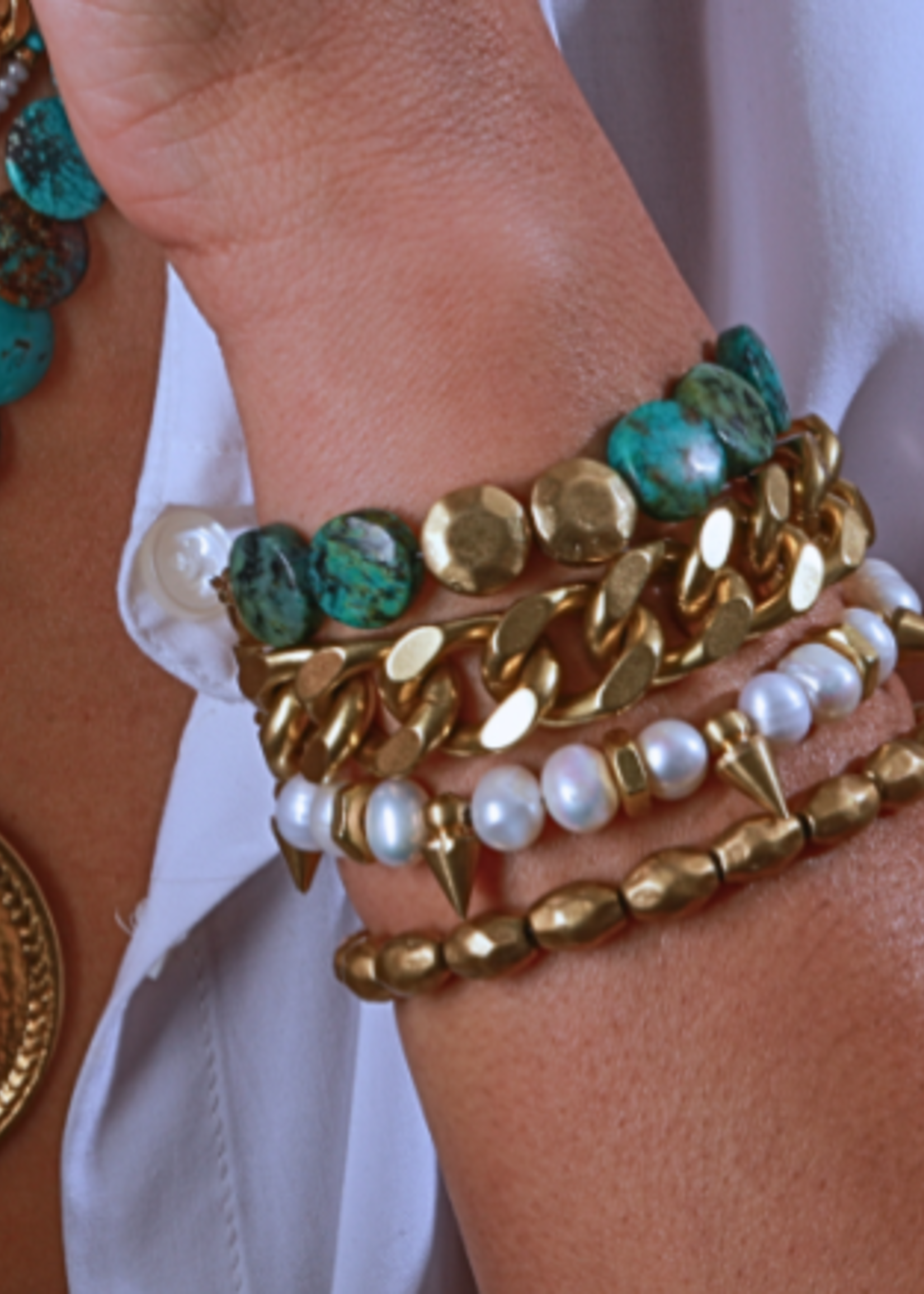 African Turquoise & Sand Dollar Solid Brass Bracelet