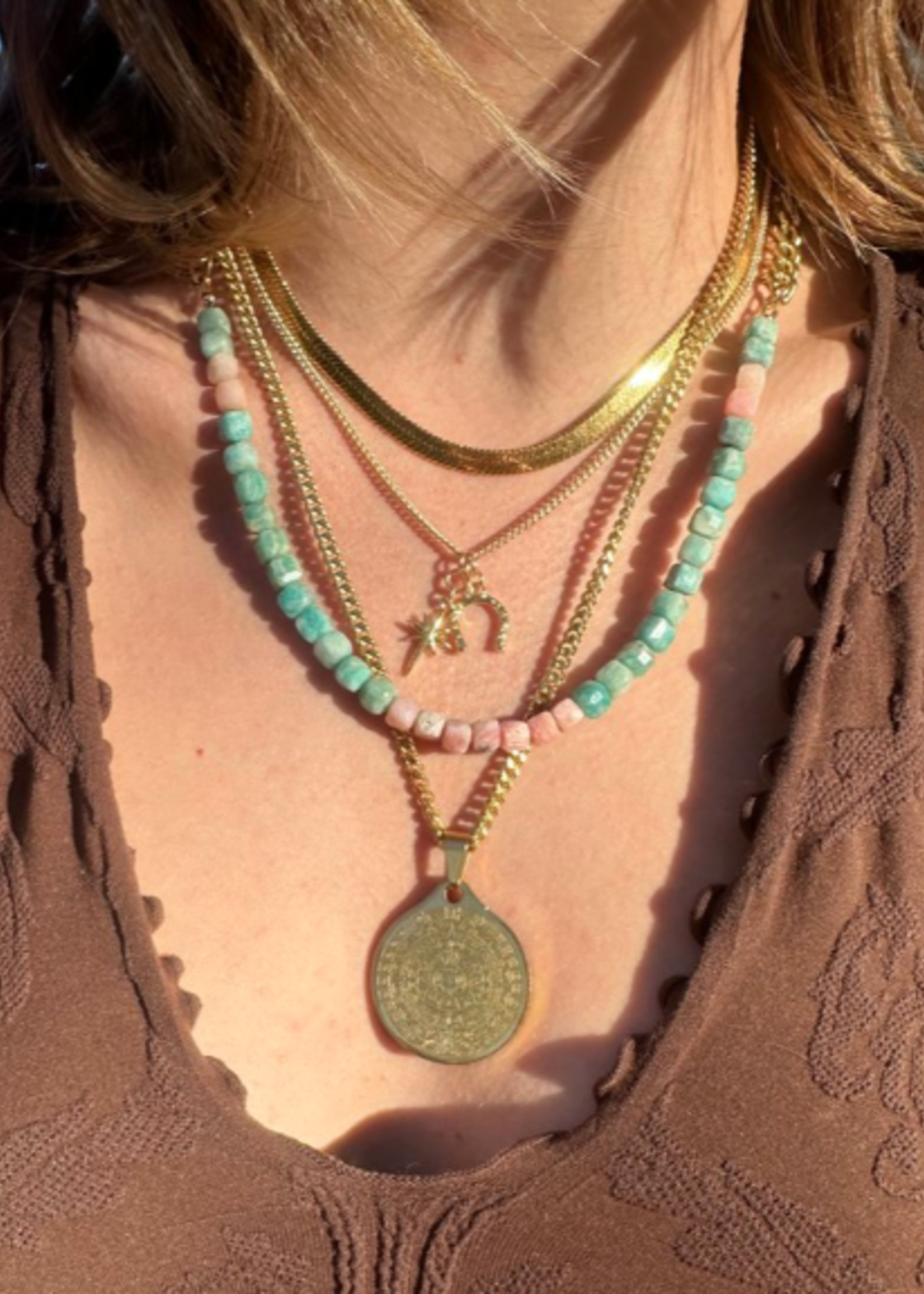Amazonite & Pink Opal Cubes Beaded Necklace