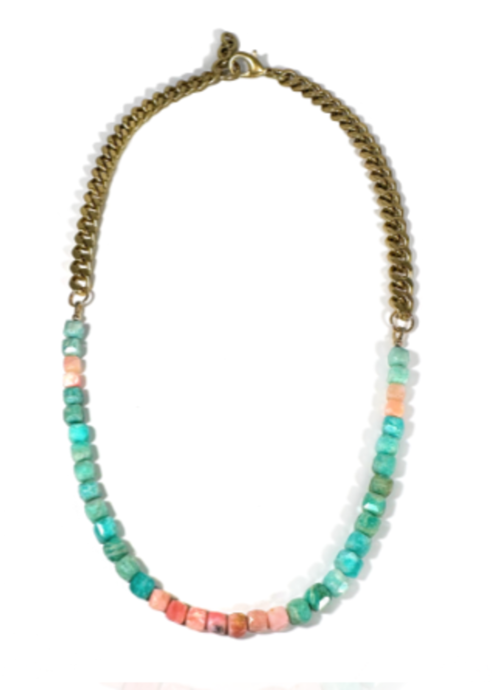 Amazonite & Pink Opal Cubes Beaded Necklace
