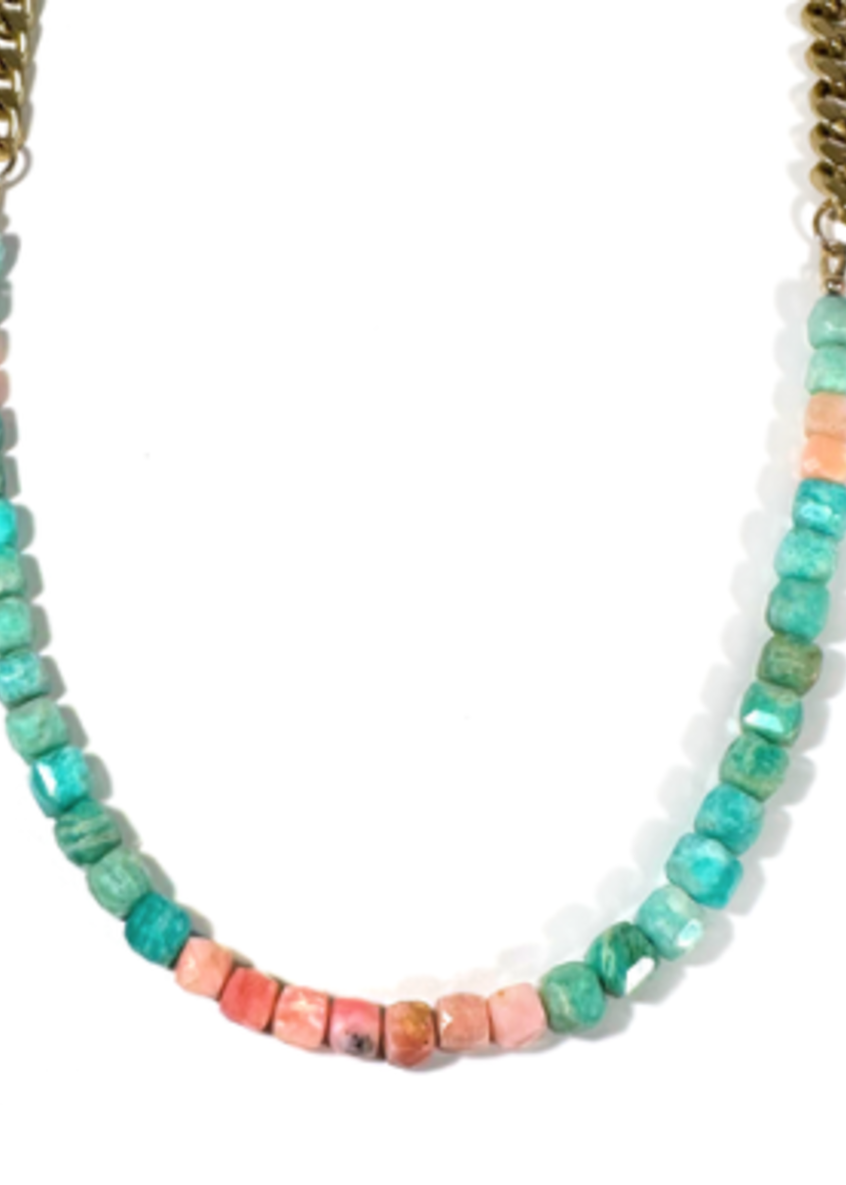 Amazonite & Pink Opal Cubes Beaded Necklace
