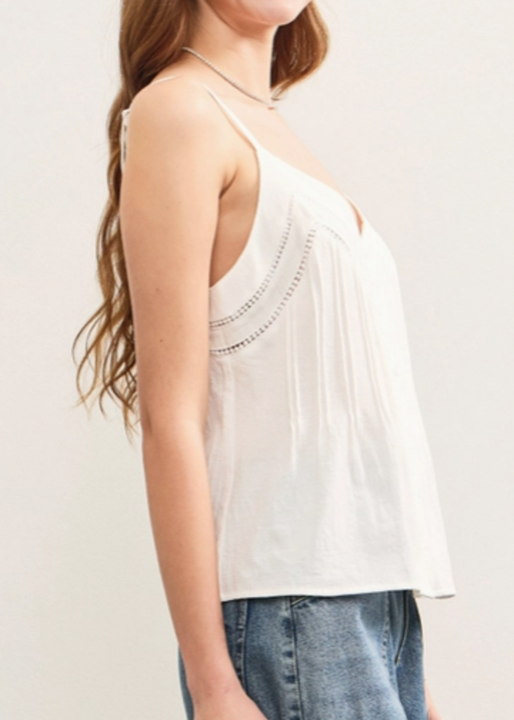 Button Closure V Neck Pintuck Cami Top