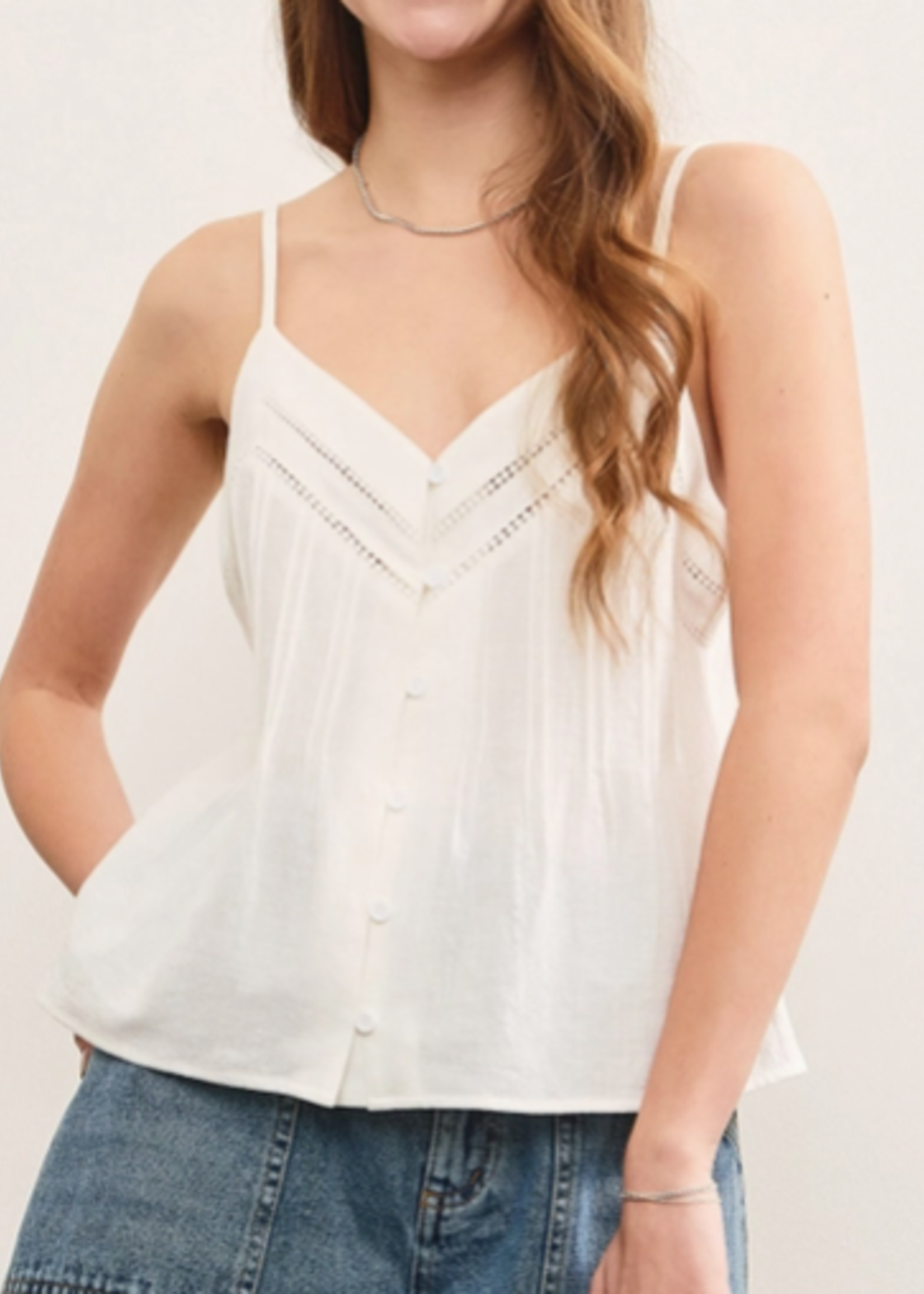 Button Closure V Neck Pintuck Cami Top