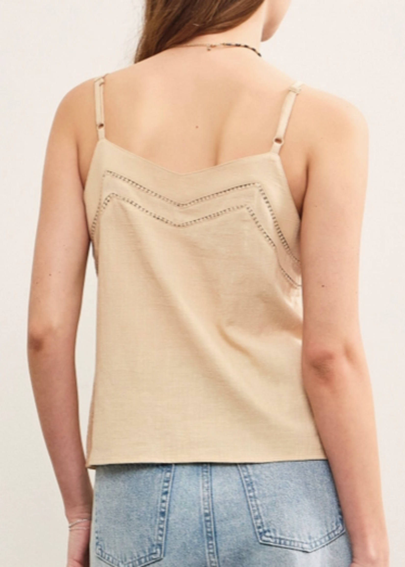 Button Closure V Neck Pintuck Cami Top