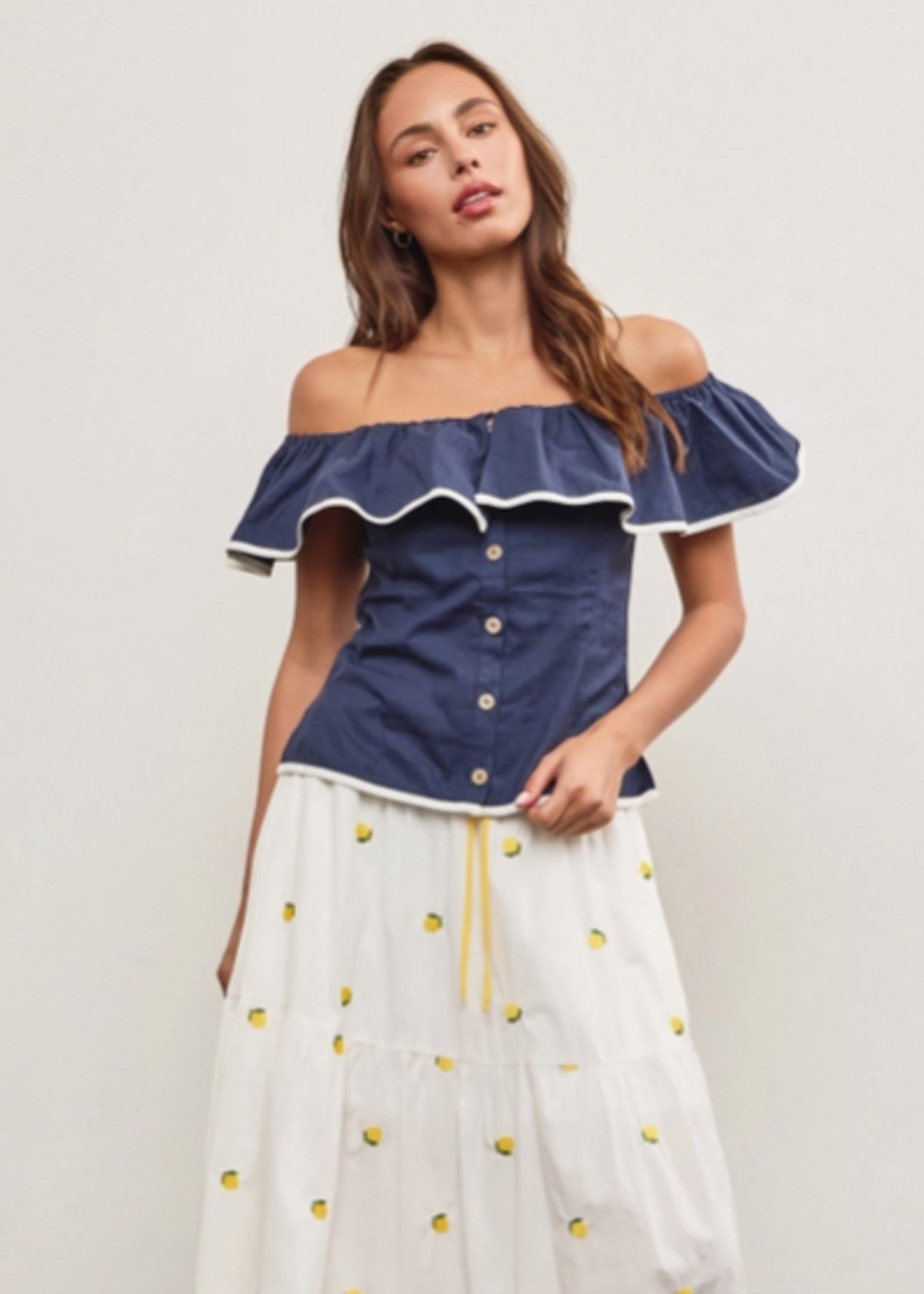 Ruffle Front Button Closure Off Shoulder Top