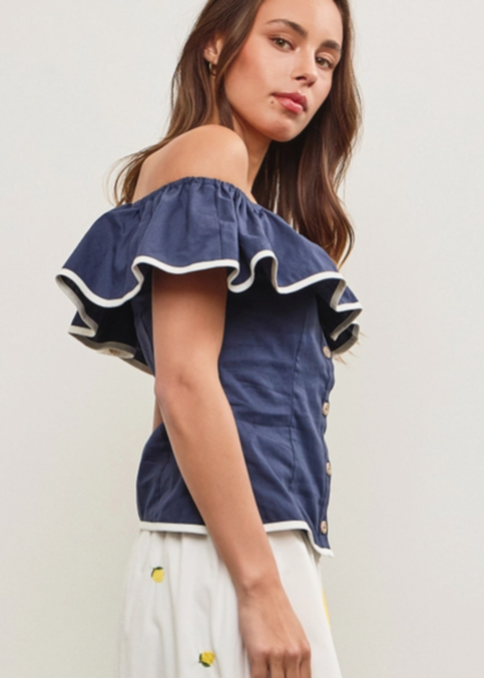 Ruffle Front Button Closure Off Shoulder Top