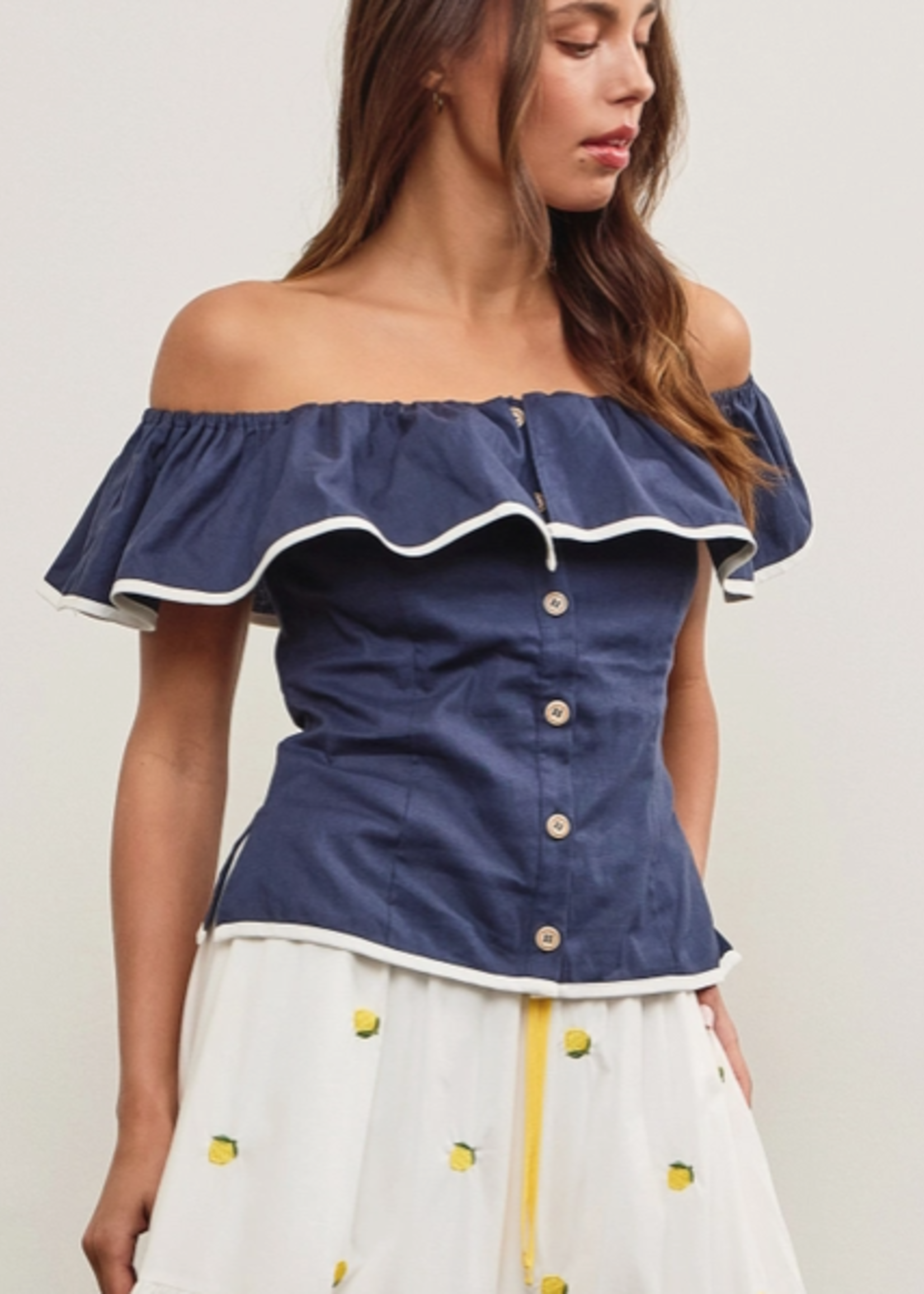 Ruffle Front Button Closure Off Shoulder Top