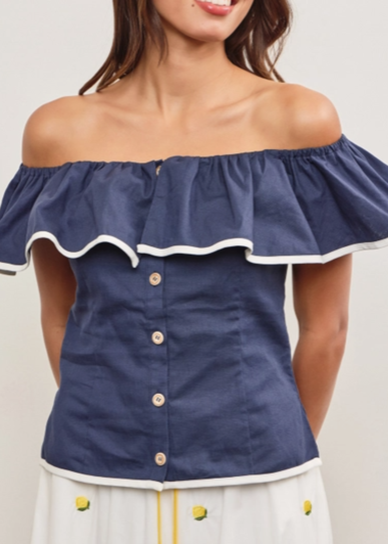 Ruffle Front Button Closure Off Shoulder Top