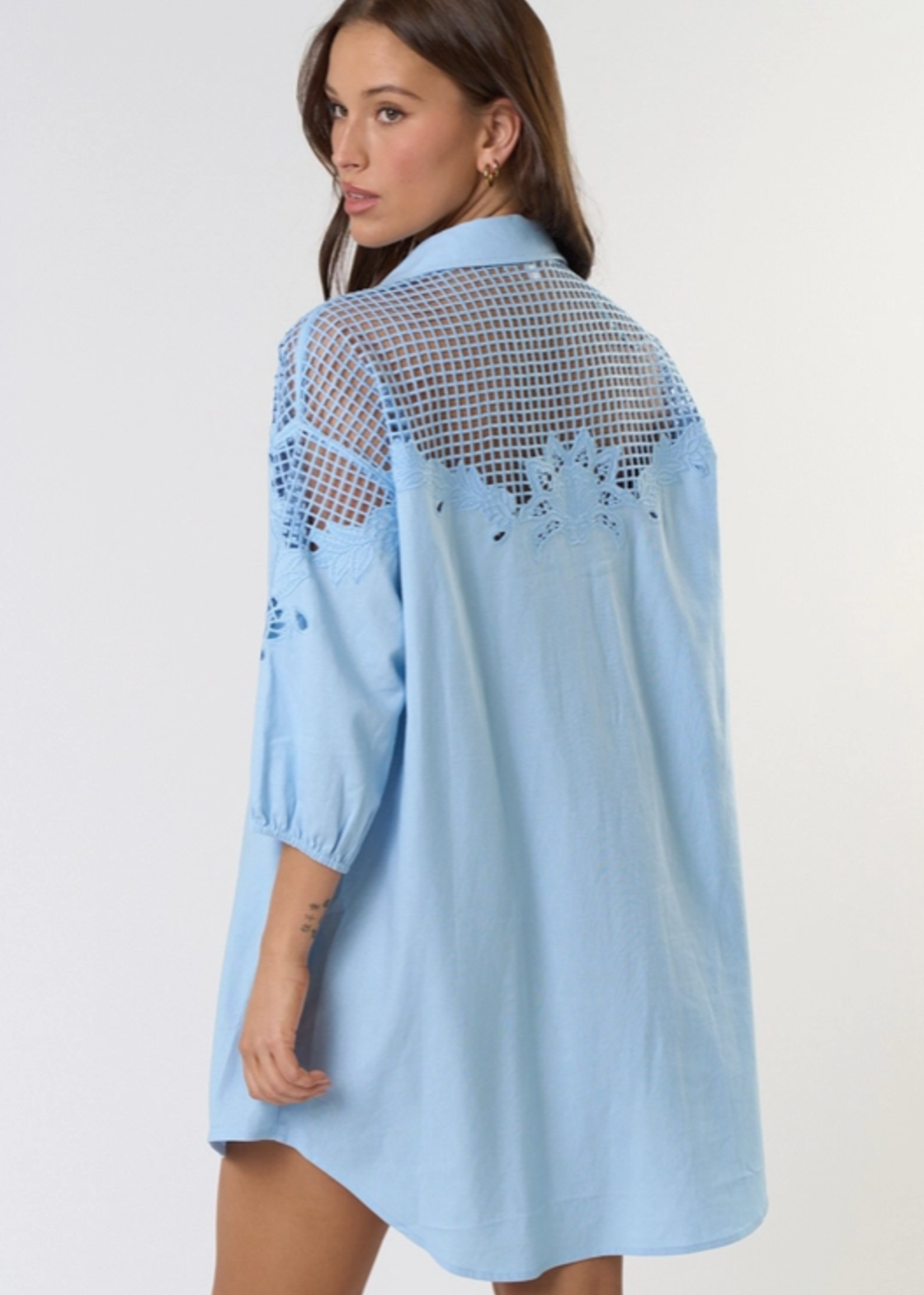 Puff Sleeve Embroidered Button Down Shirt Dress