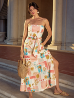 Moroccan Spring Rattan Belt Strapless Maxi Dress