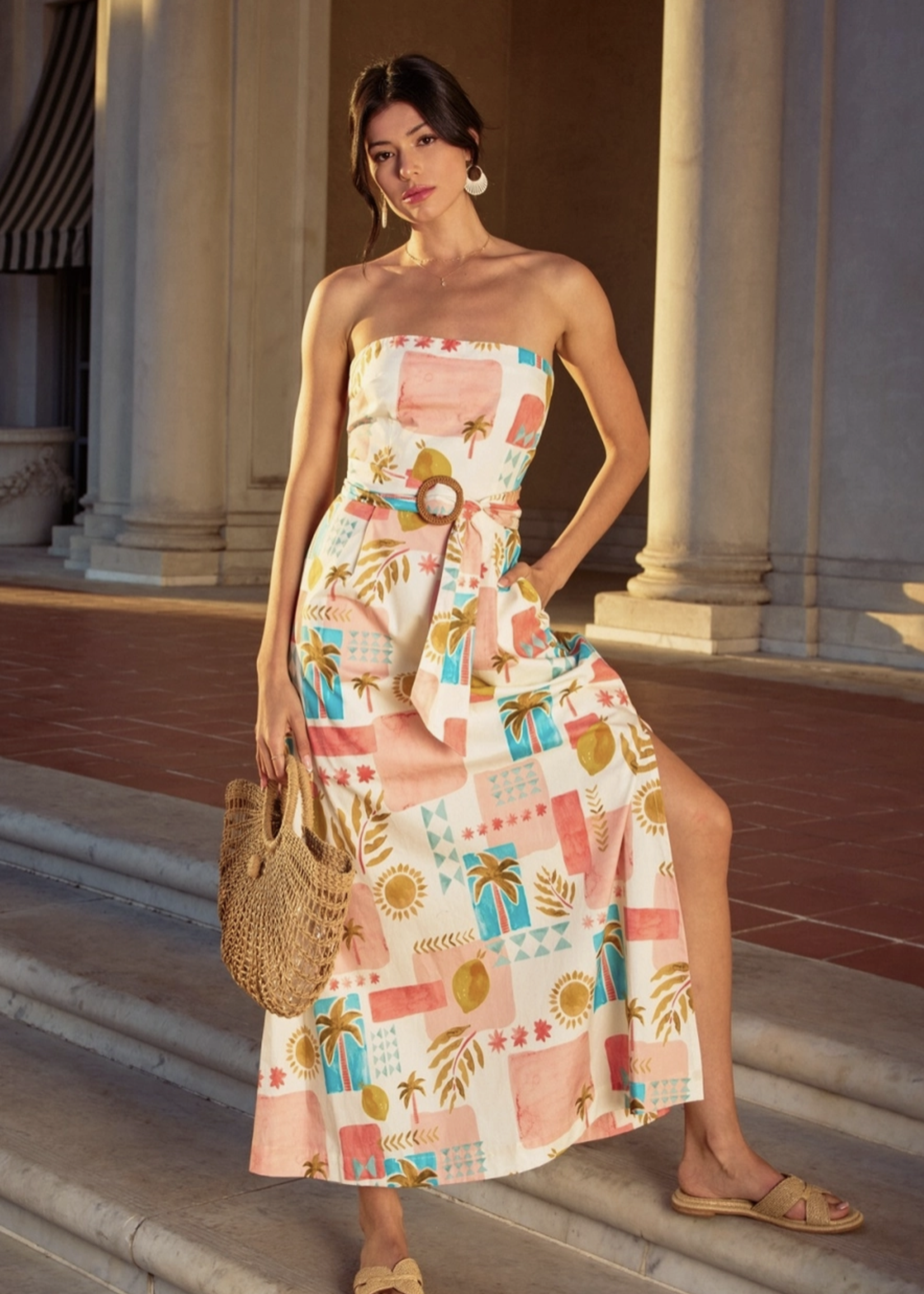 Moroccan Spring Rattan Belt Strapless Maxi Dress