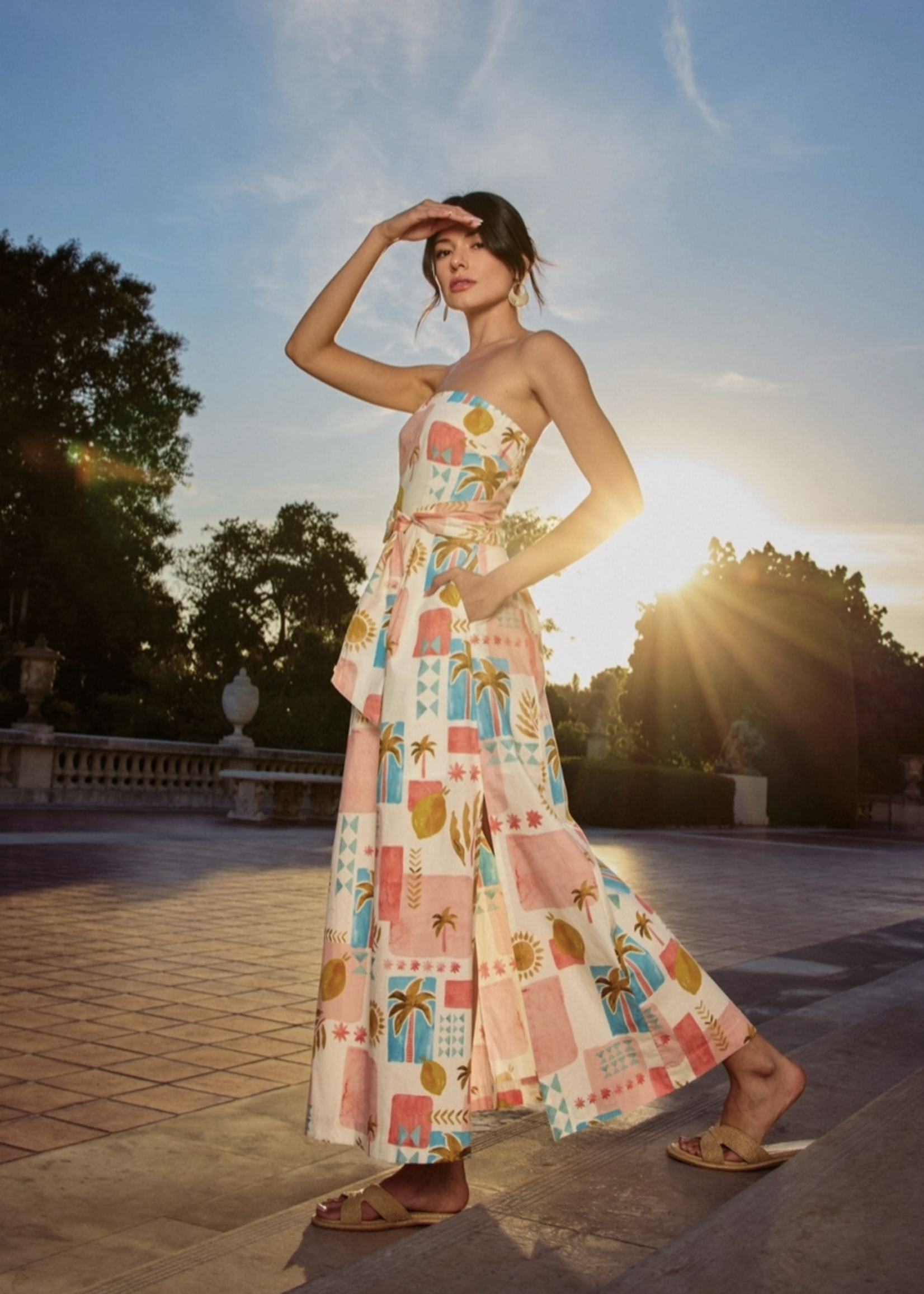 Moroccan Spring Rattan Belt Strapless Maxi Dress