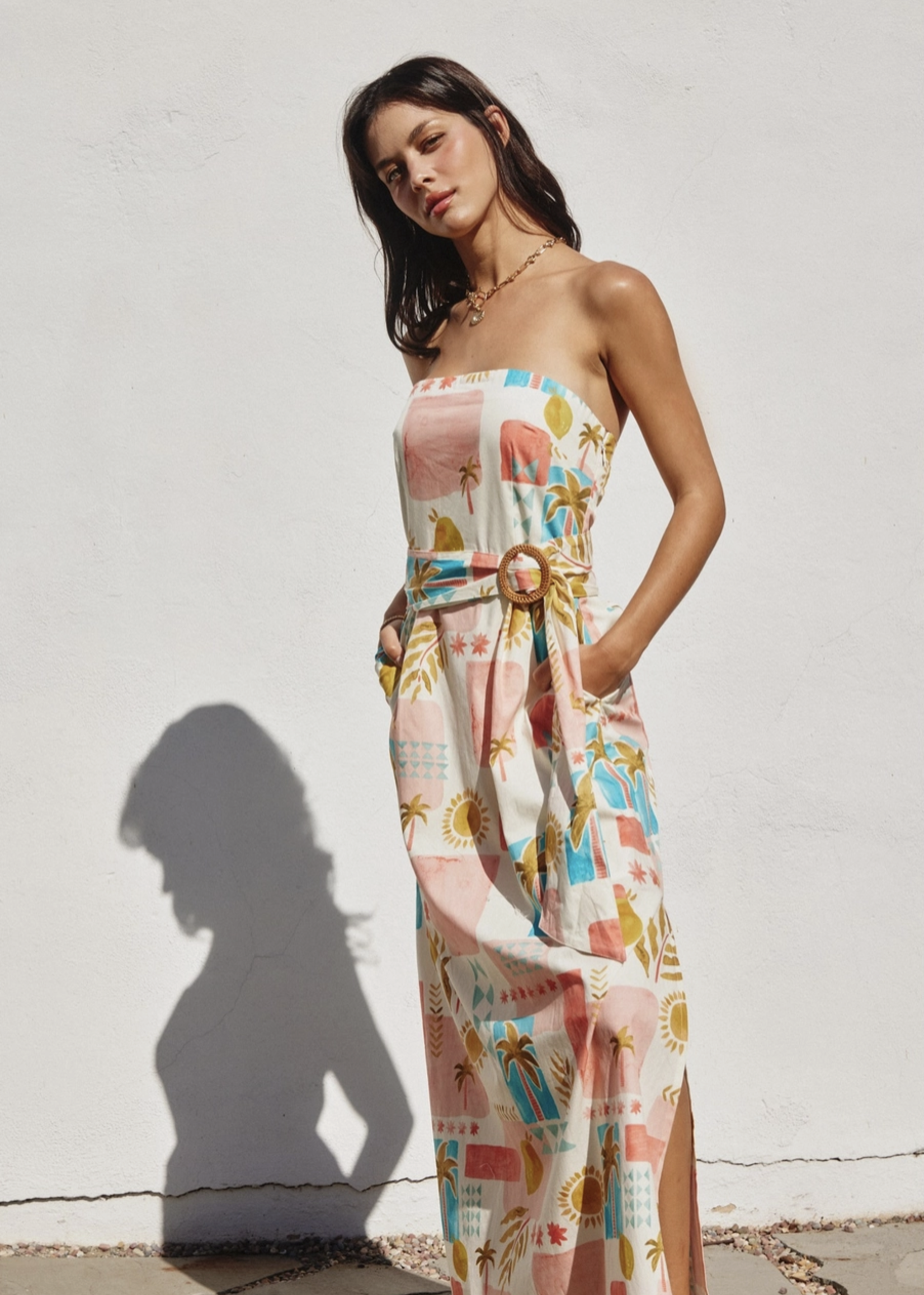 Moroccan Spring Rattan Belt Strapless Maxi Dress