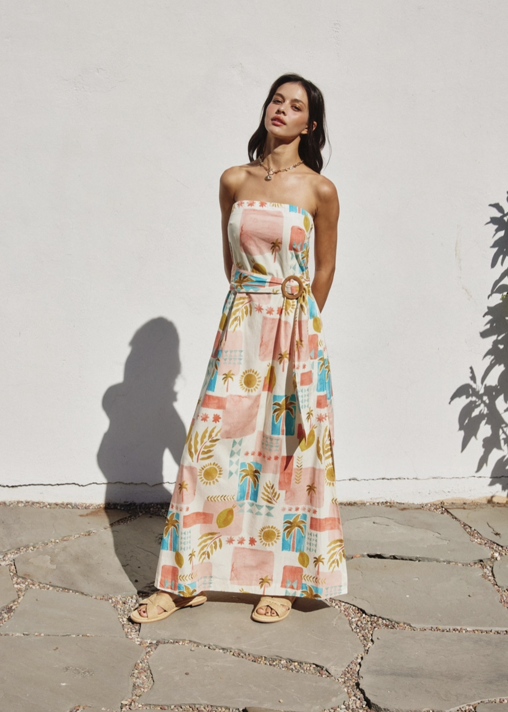 Moroccan Spring Rattan Belt Strapless Maxi Dress