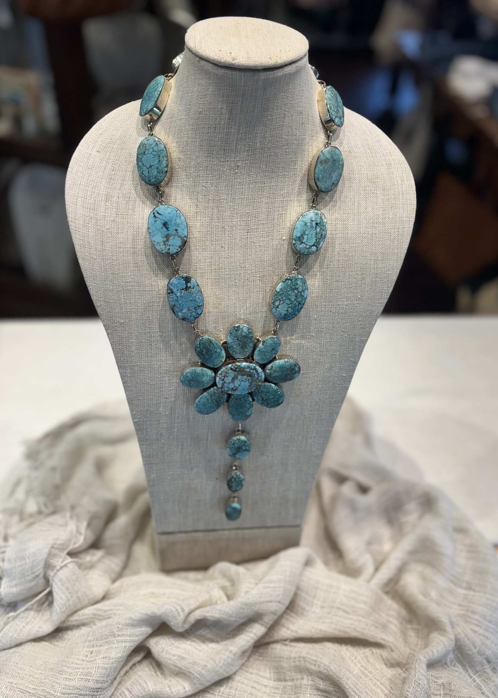 Turquoise Flower Statement Necklace German Silver