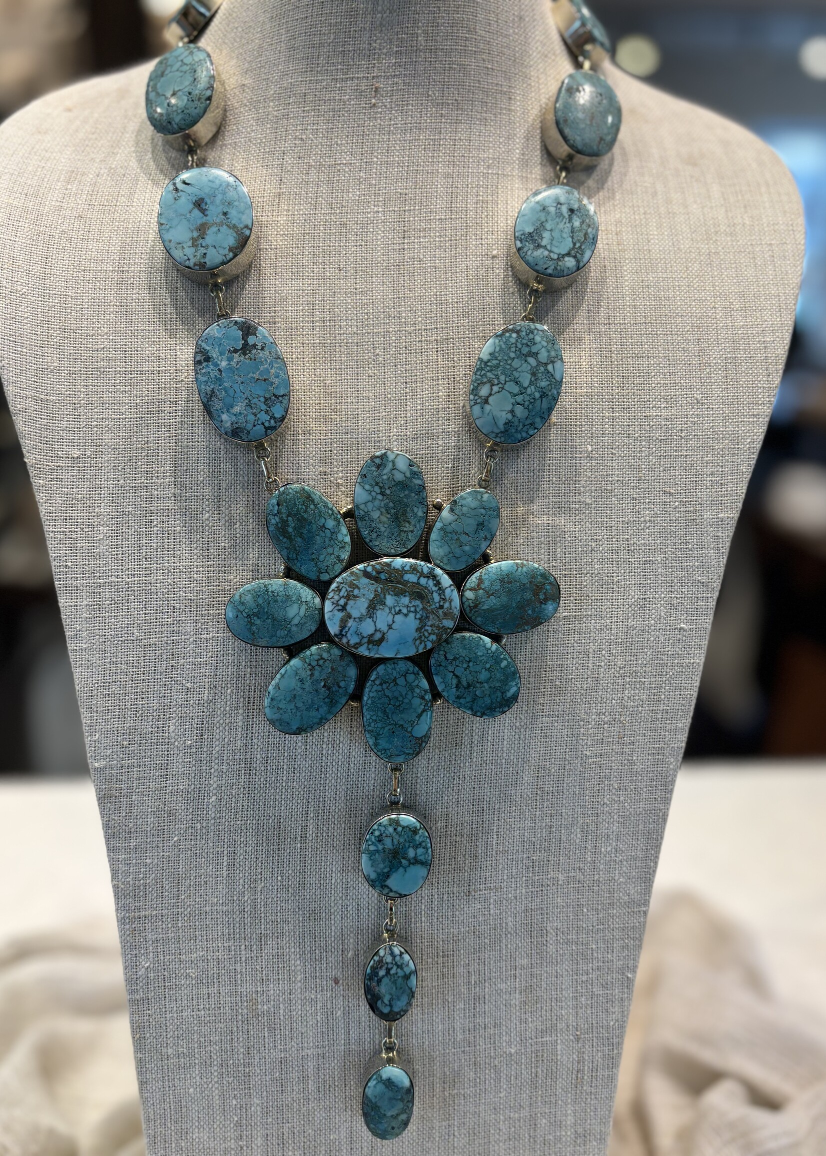 Turquoise Flower Statement Necklace German Silver
