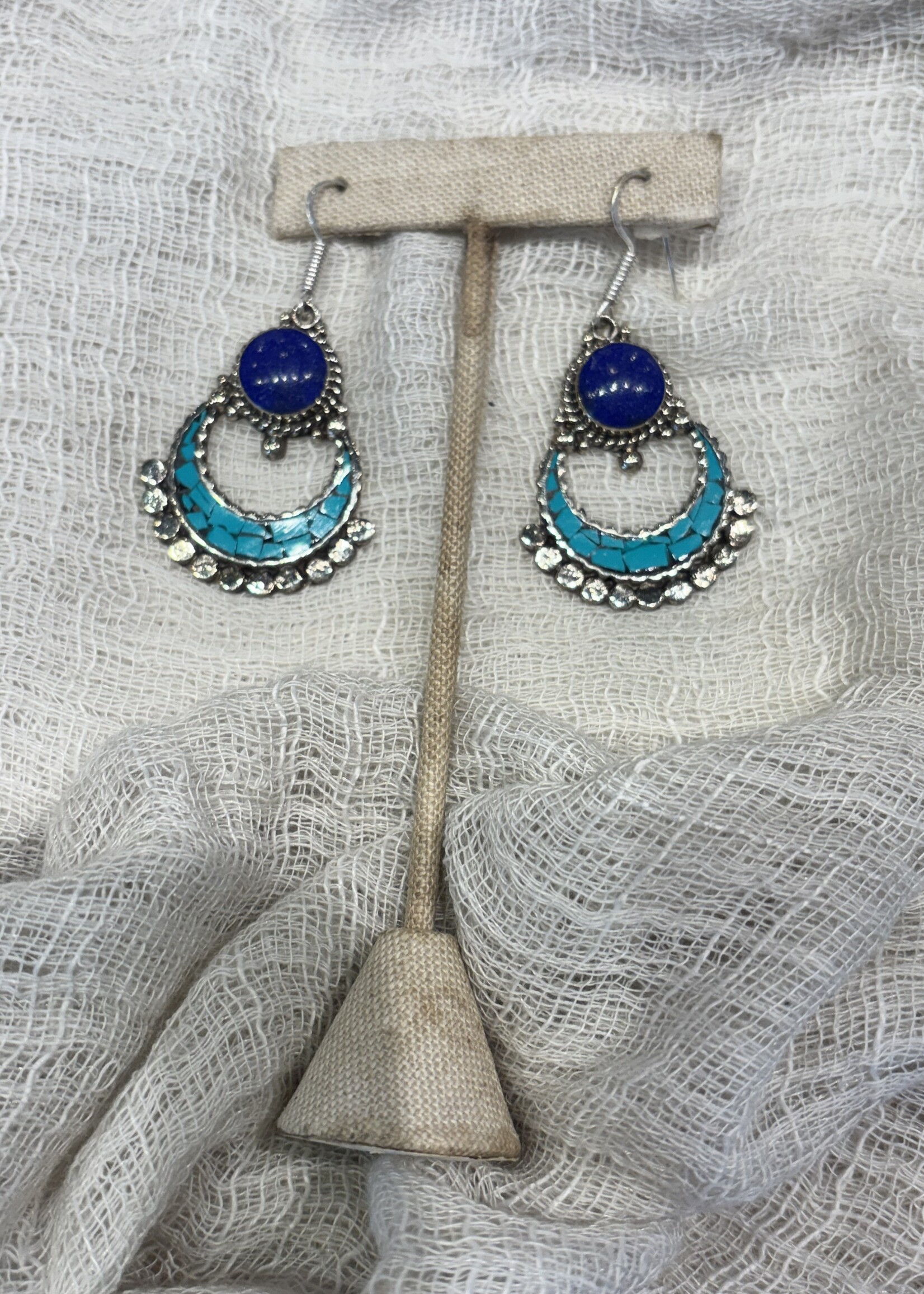 Turquoise & Lapis Swirl Earring  German Silver