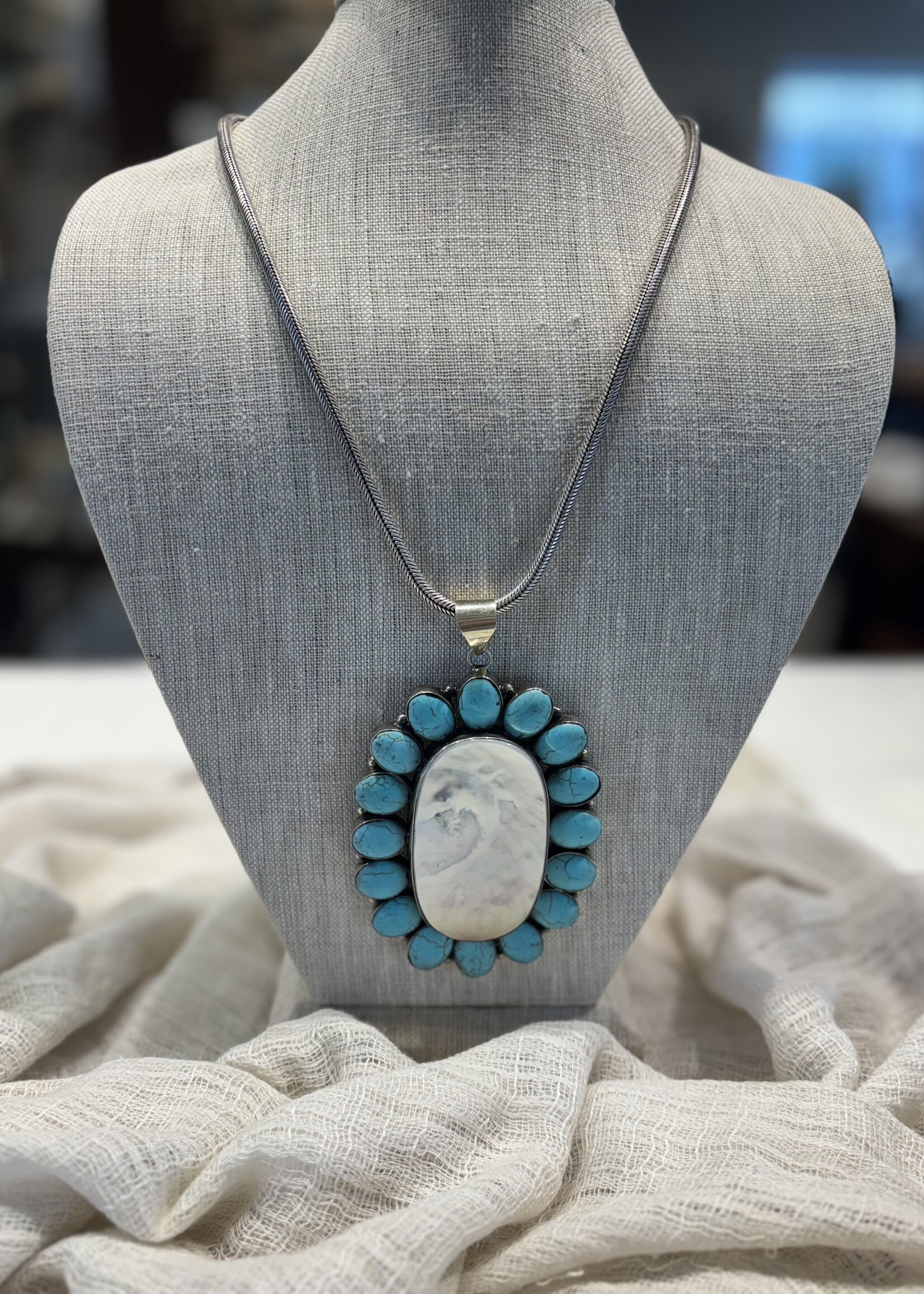 Blister Pearl With Turquoise Statement Pendant & Chain German Silver