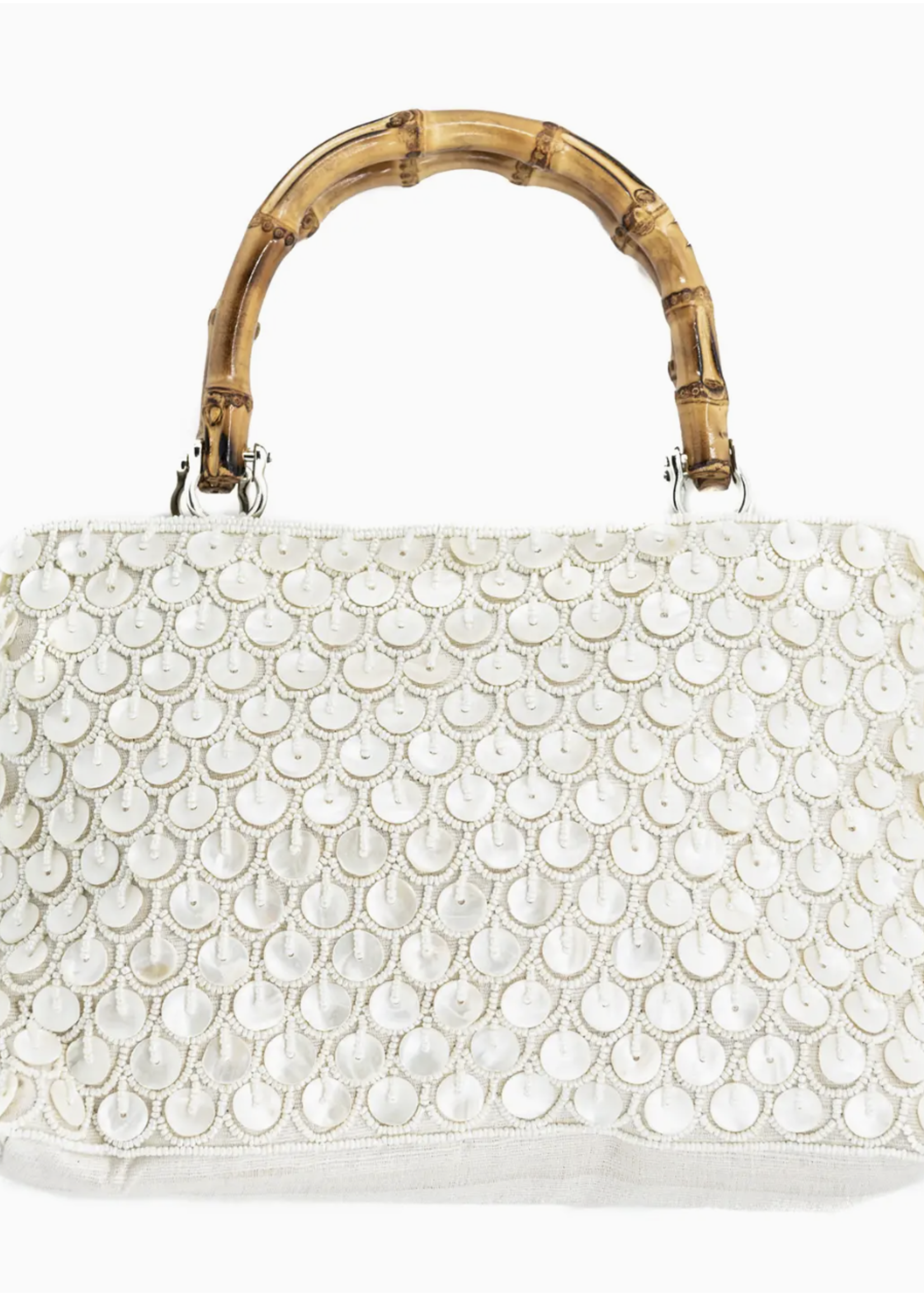 Elegant Beaded Bamboo Top Handle Bag Ivory