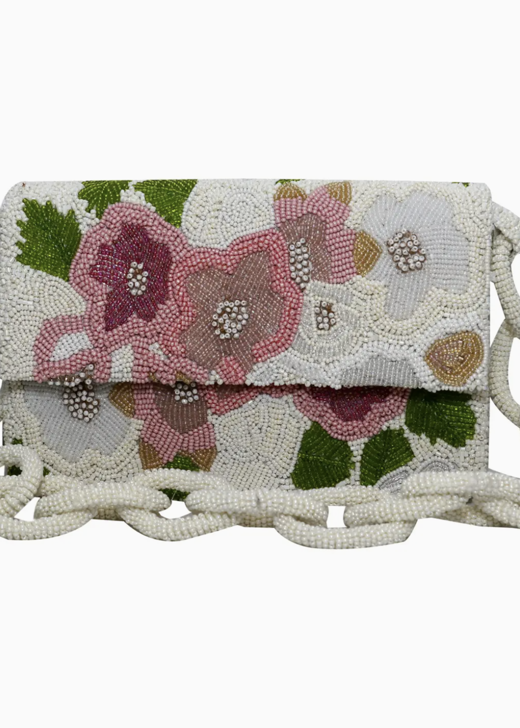 Floral Beaded Clutch with Beaded Chain Strap