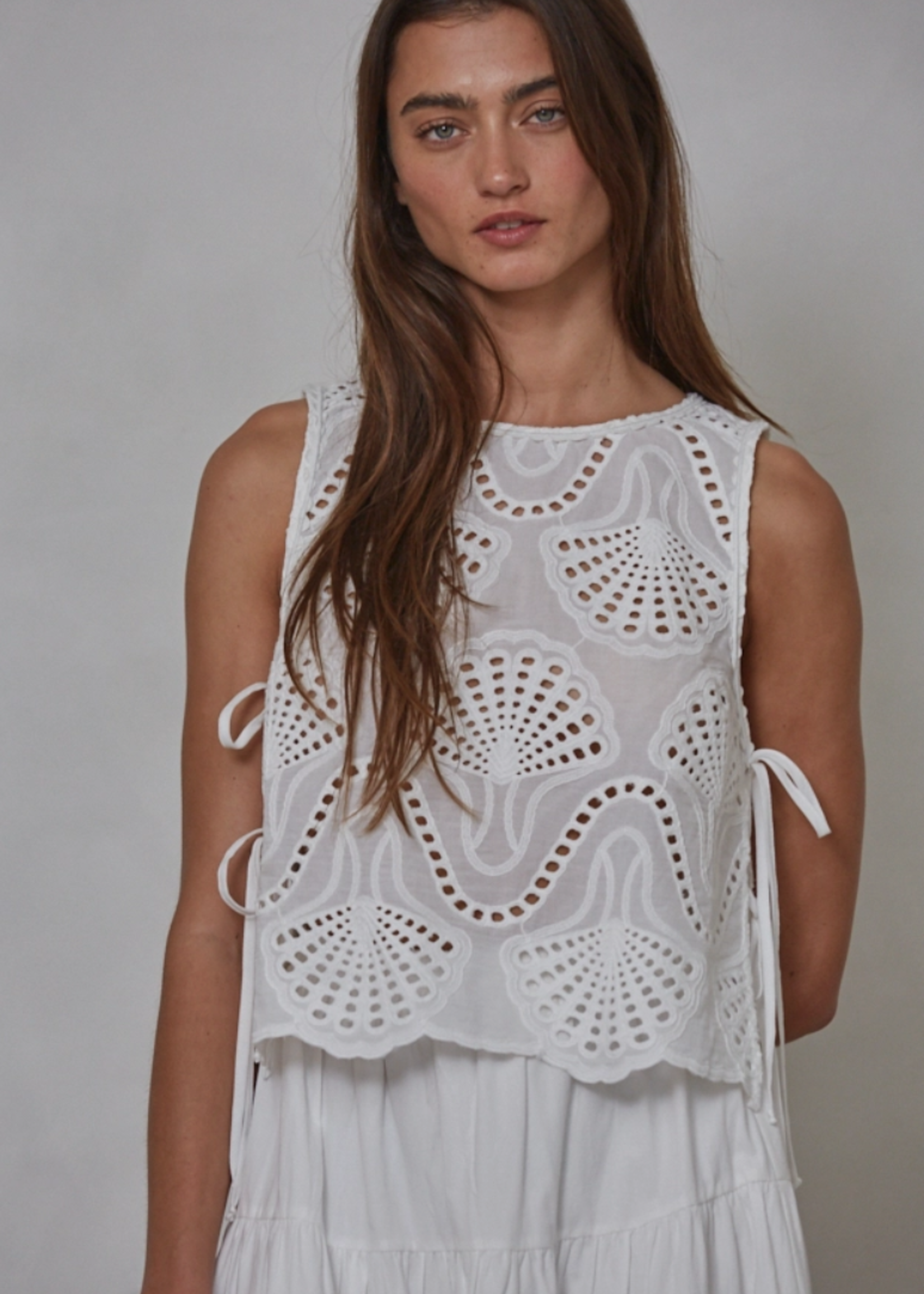 Woven Cotton Eyelet Round Neck Sleeveless Top