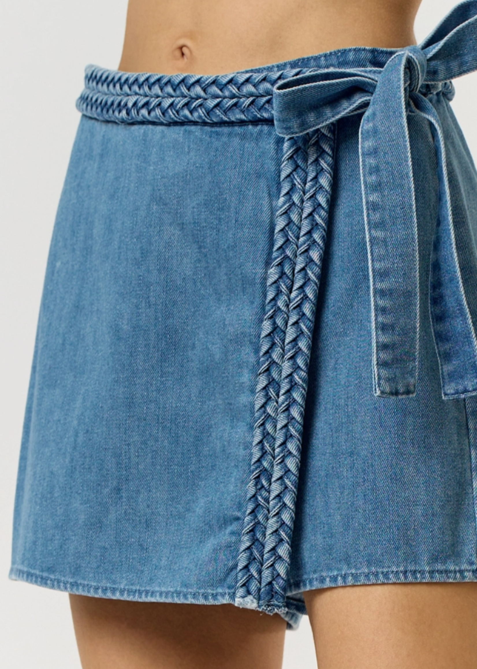 Braided Denim Waist Tie Wrapped Skort