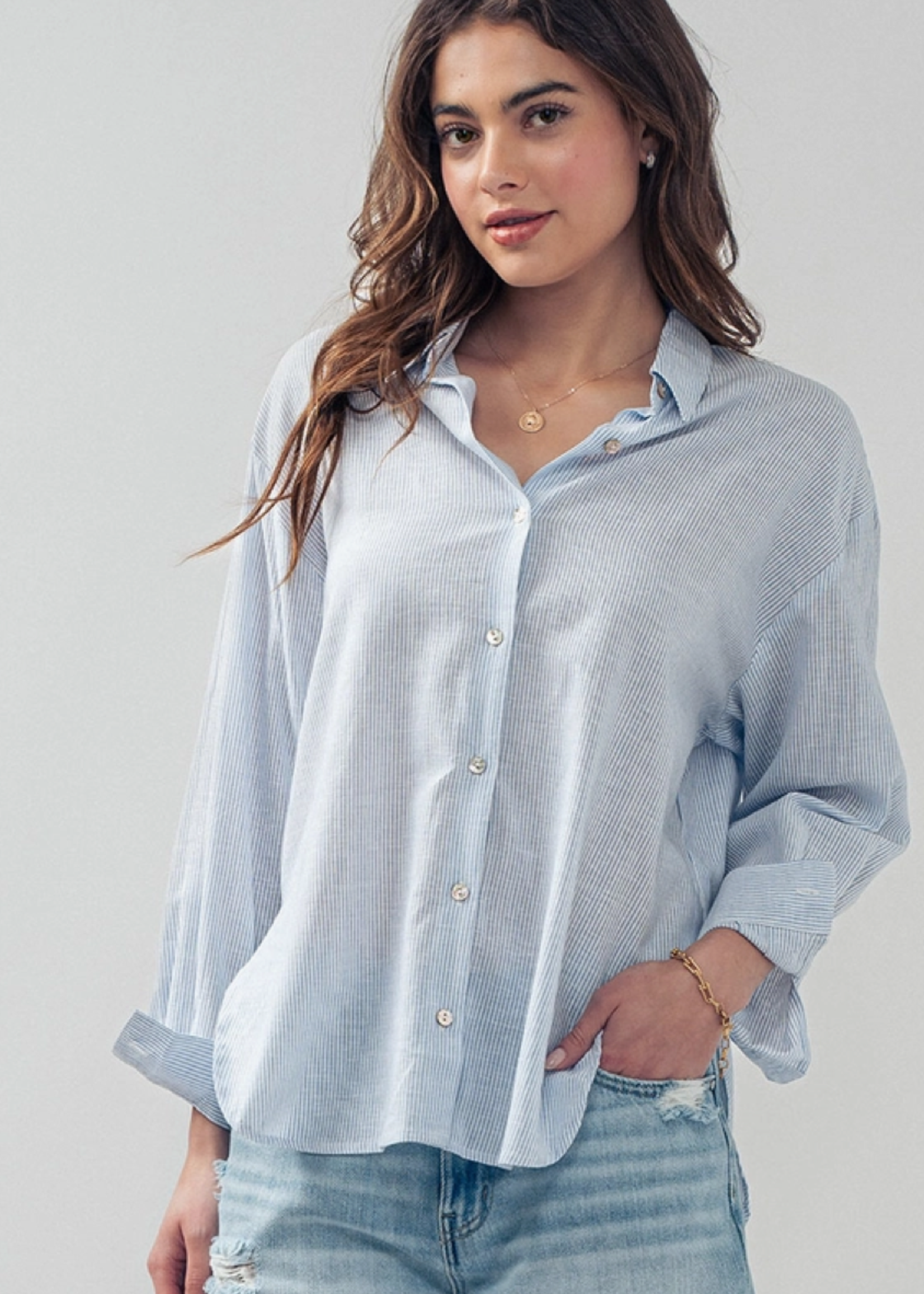 Linen Button Down Blue Pinstripe