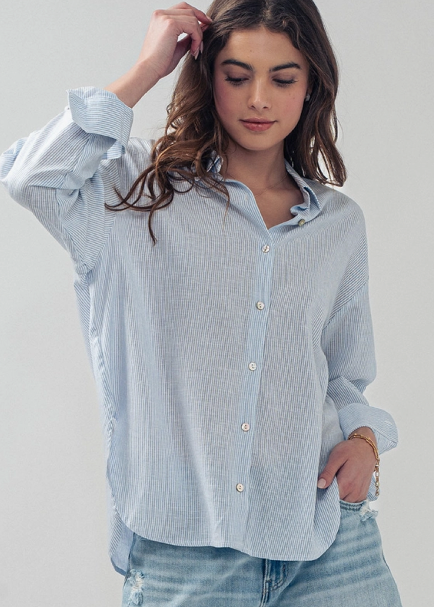Linen Button Down Blue Pinstripe