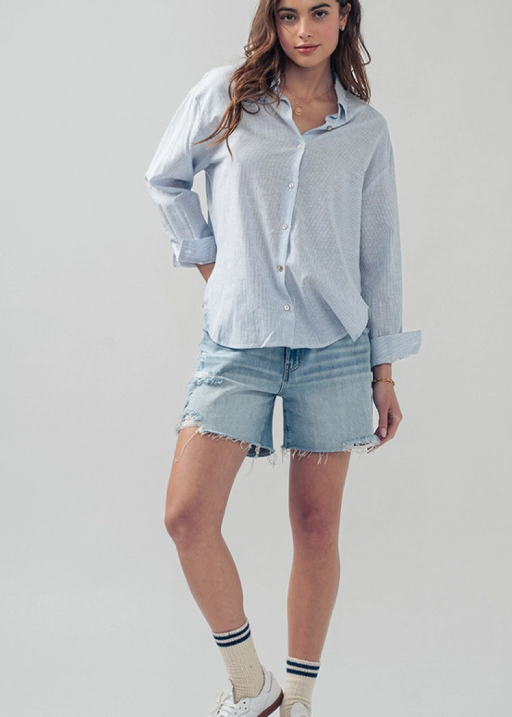 Linen Button Down Blue Pinstripe