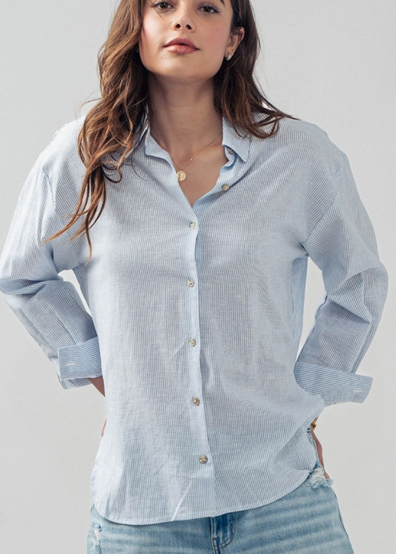 Linen Button Down Blue Pinstripe