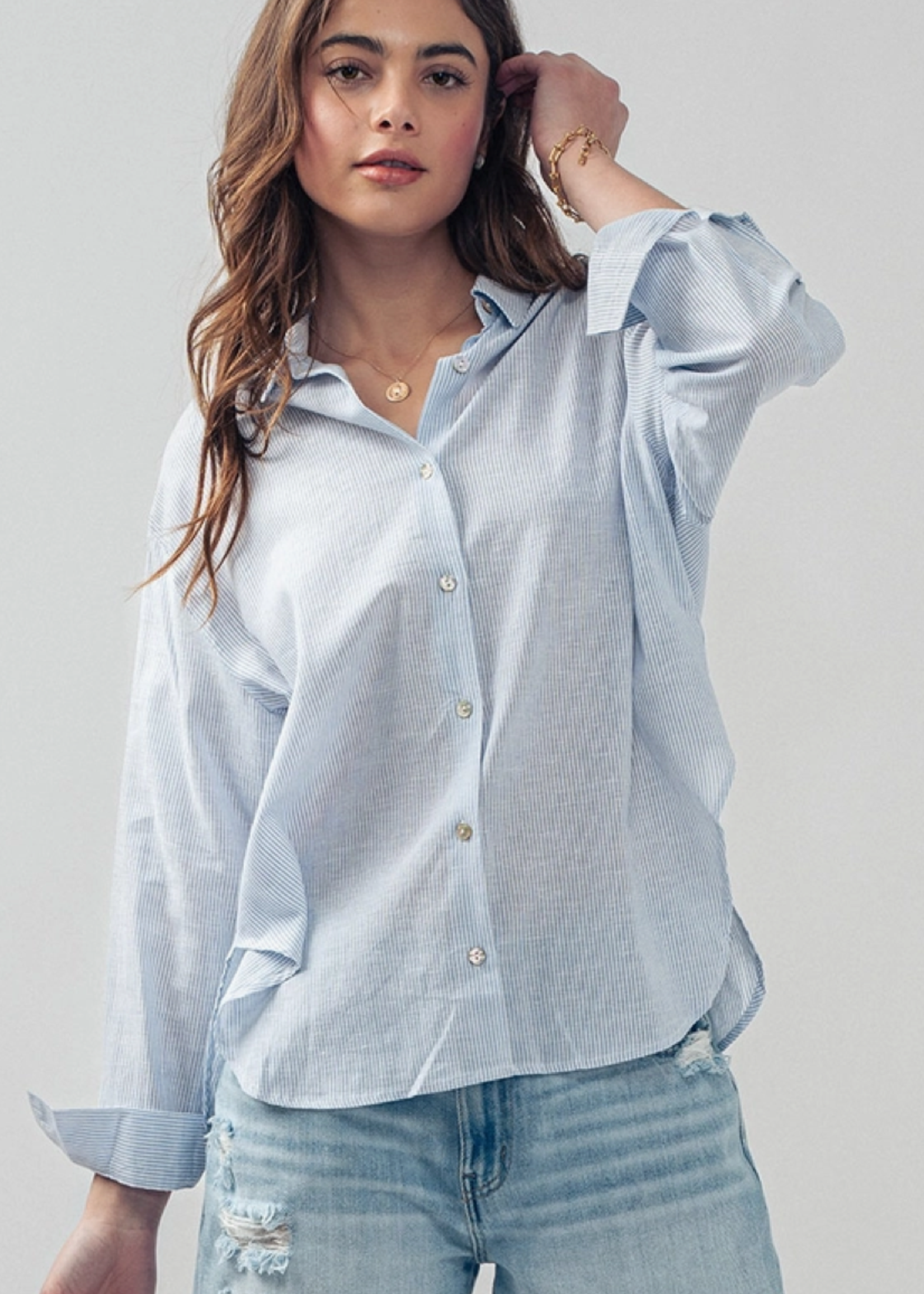 Linen Button Down Blue Pinstripe
