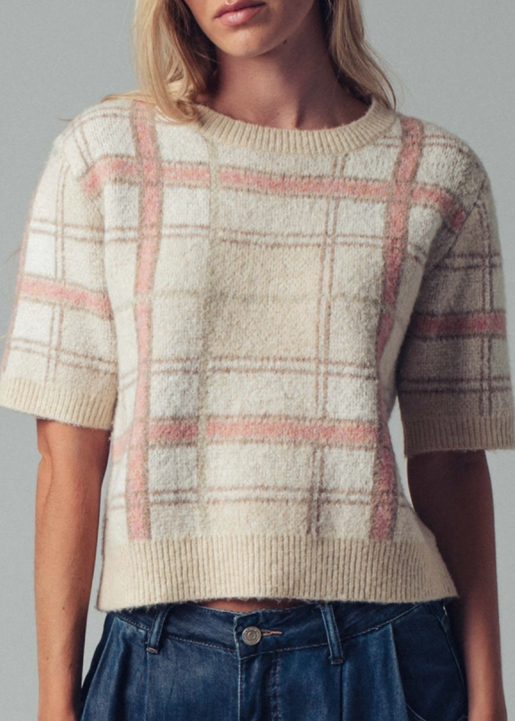 Plaid Short Sleeve Sweater Top Ivory