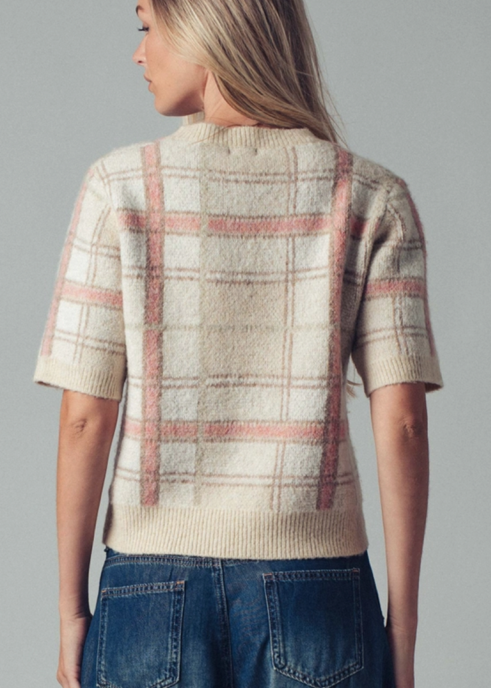 Plaid Short Sleeve Sweater Top Ivory