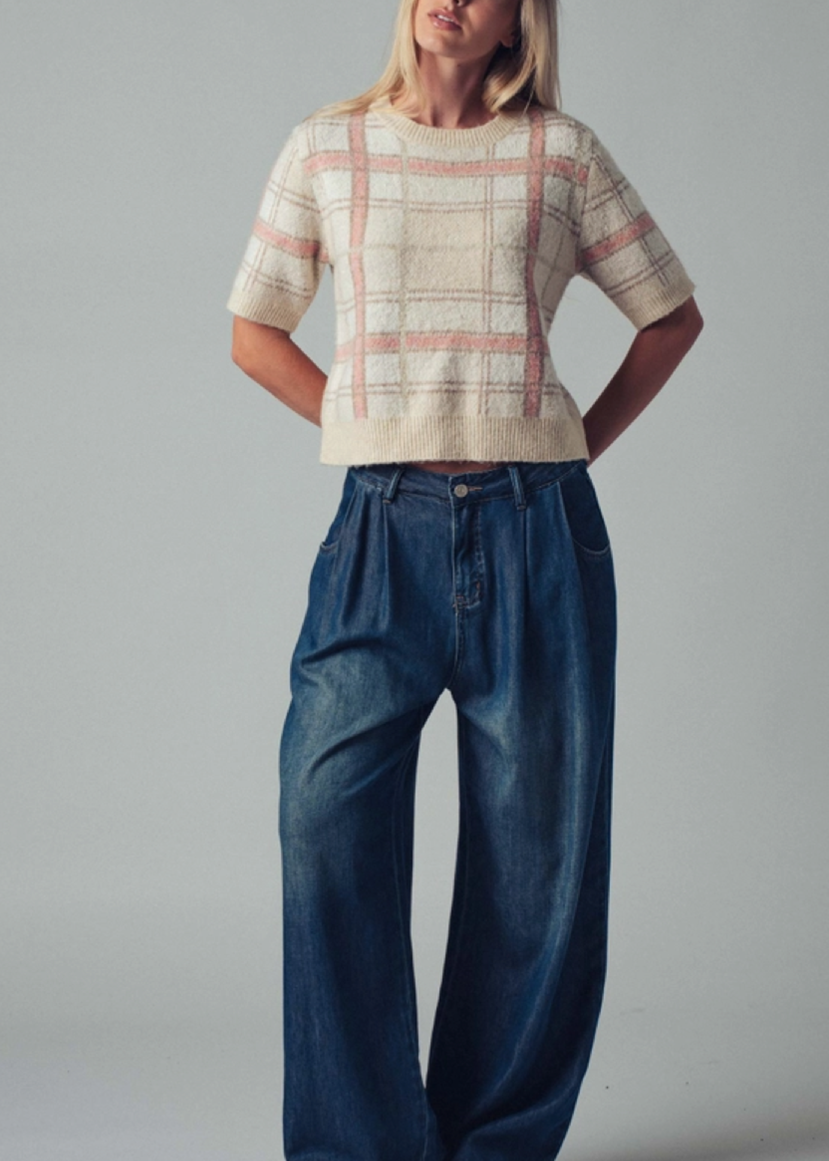 Plaid Short Sleeve Sweater Top Ivory