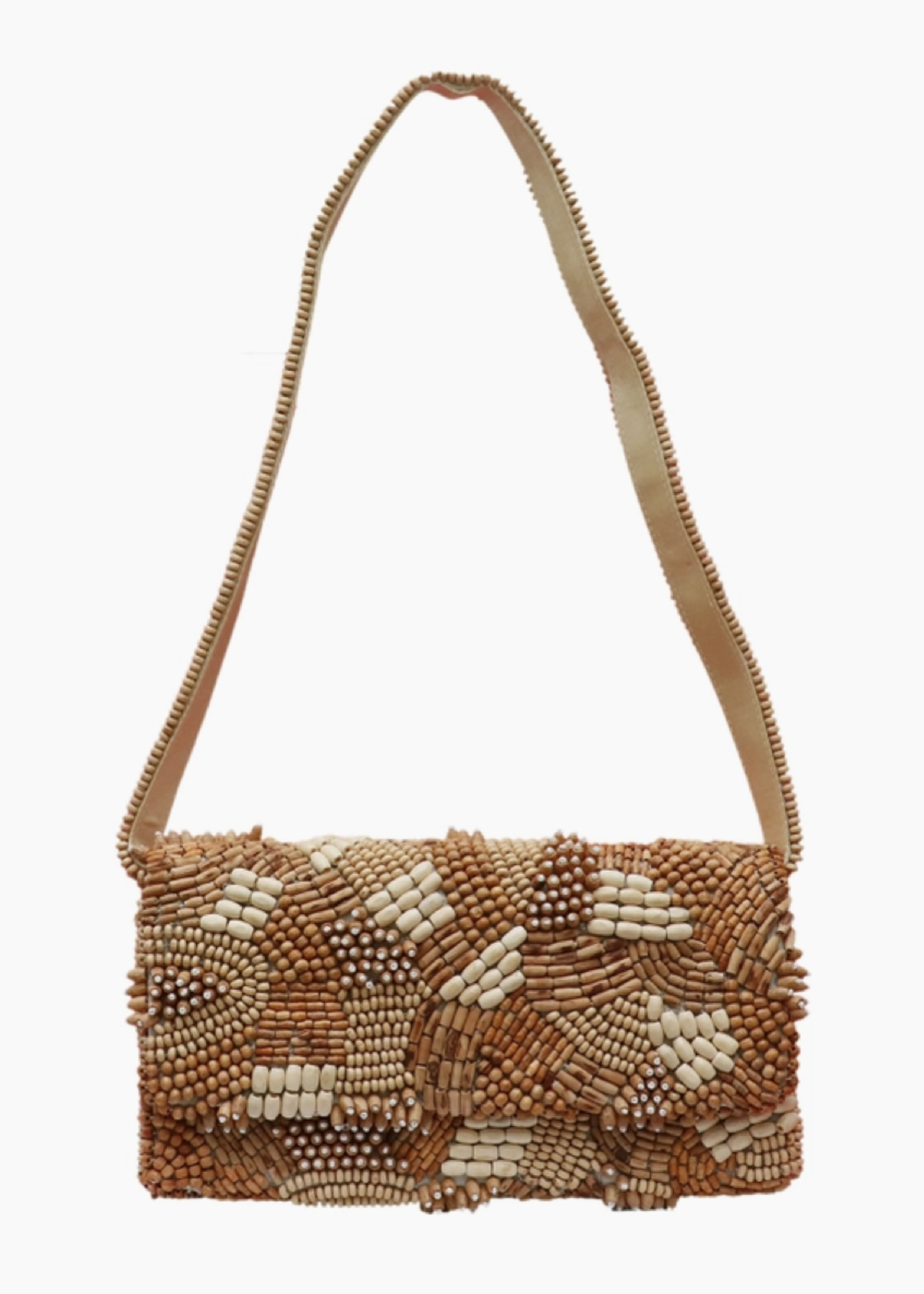 Natural Wood Beaded Shoulder Bag
