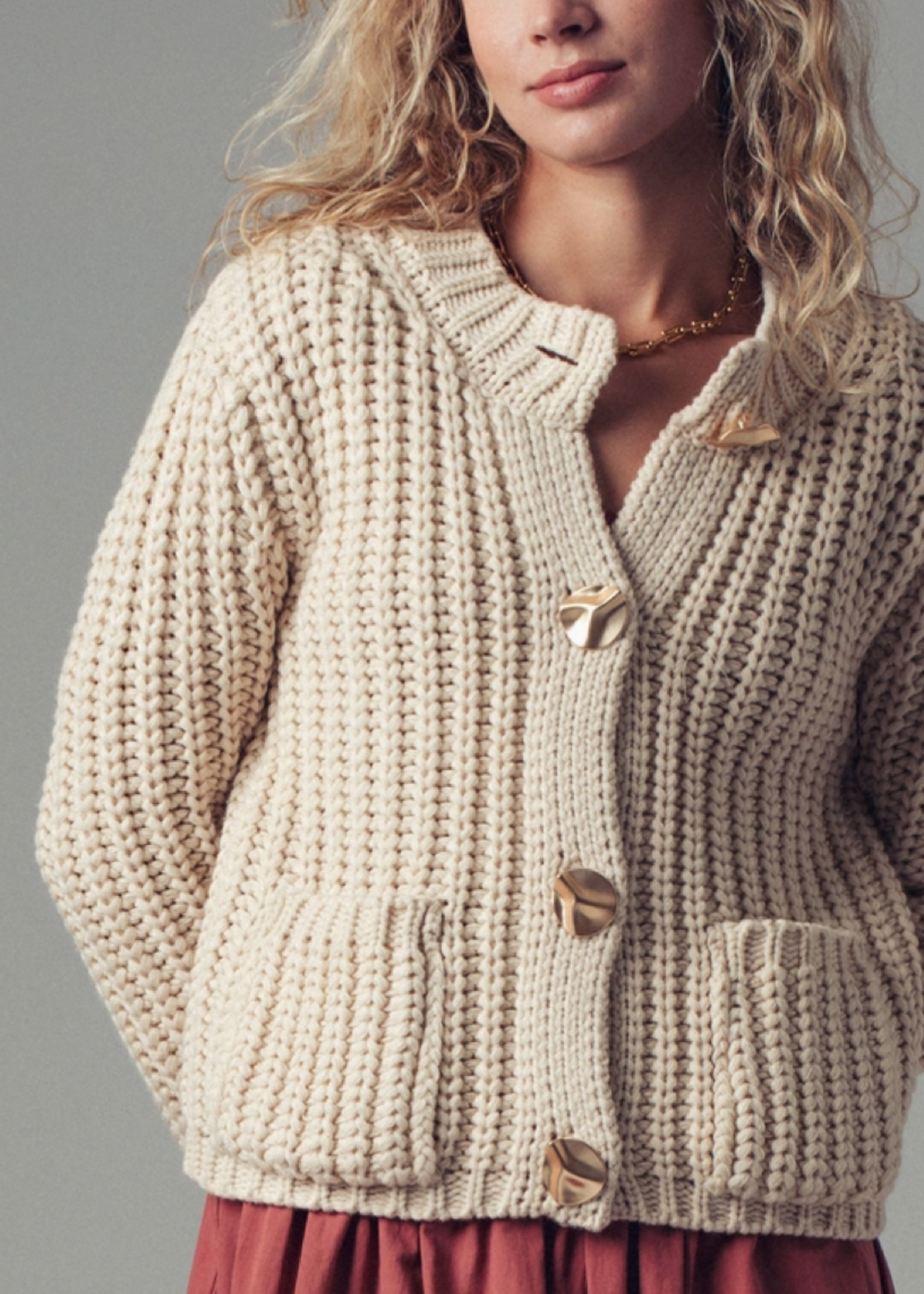 Chunky Gold Button Ribbed Knit Cardigan