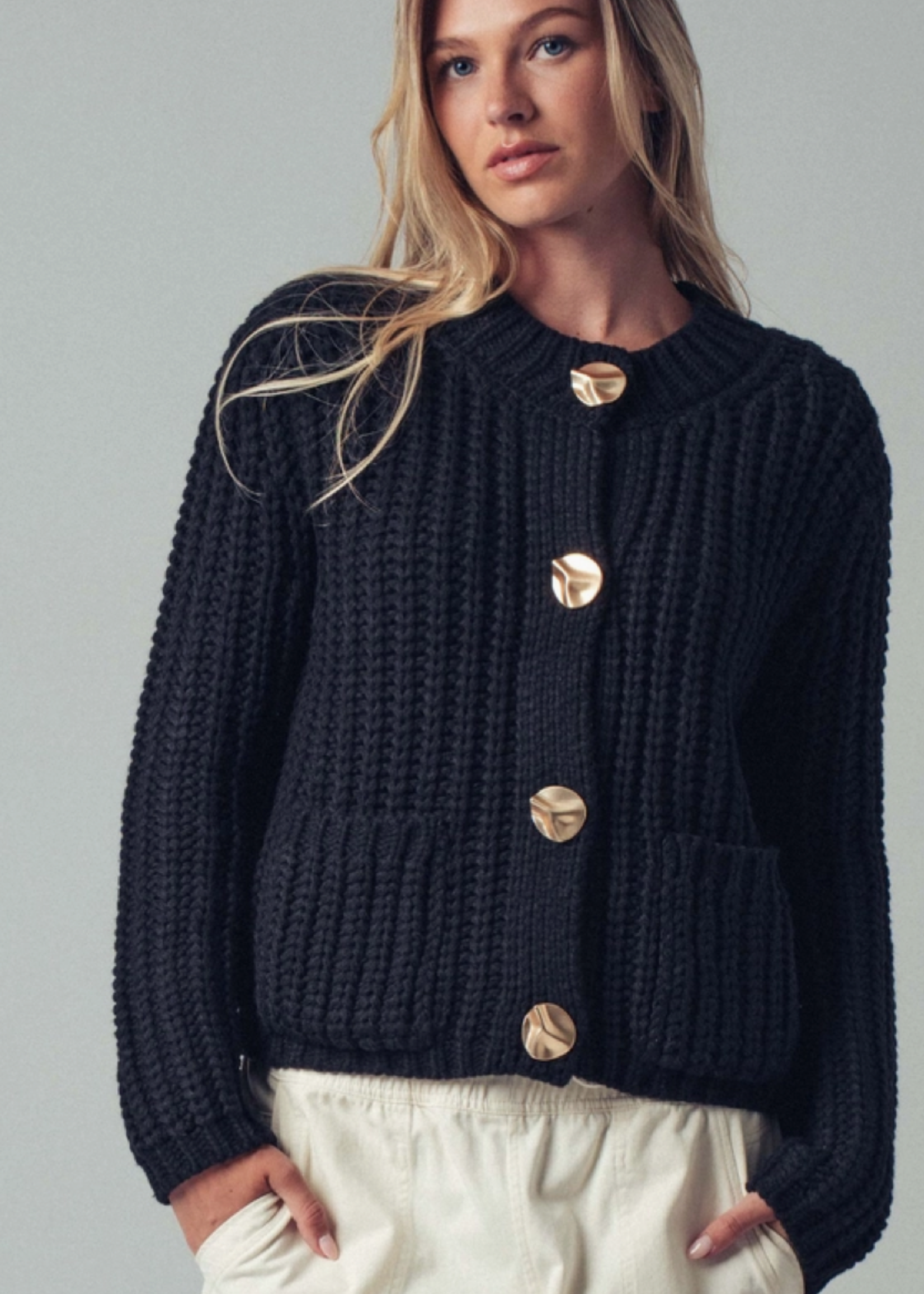 Chunky Gold Button Ribbed Knit Cardigan