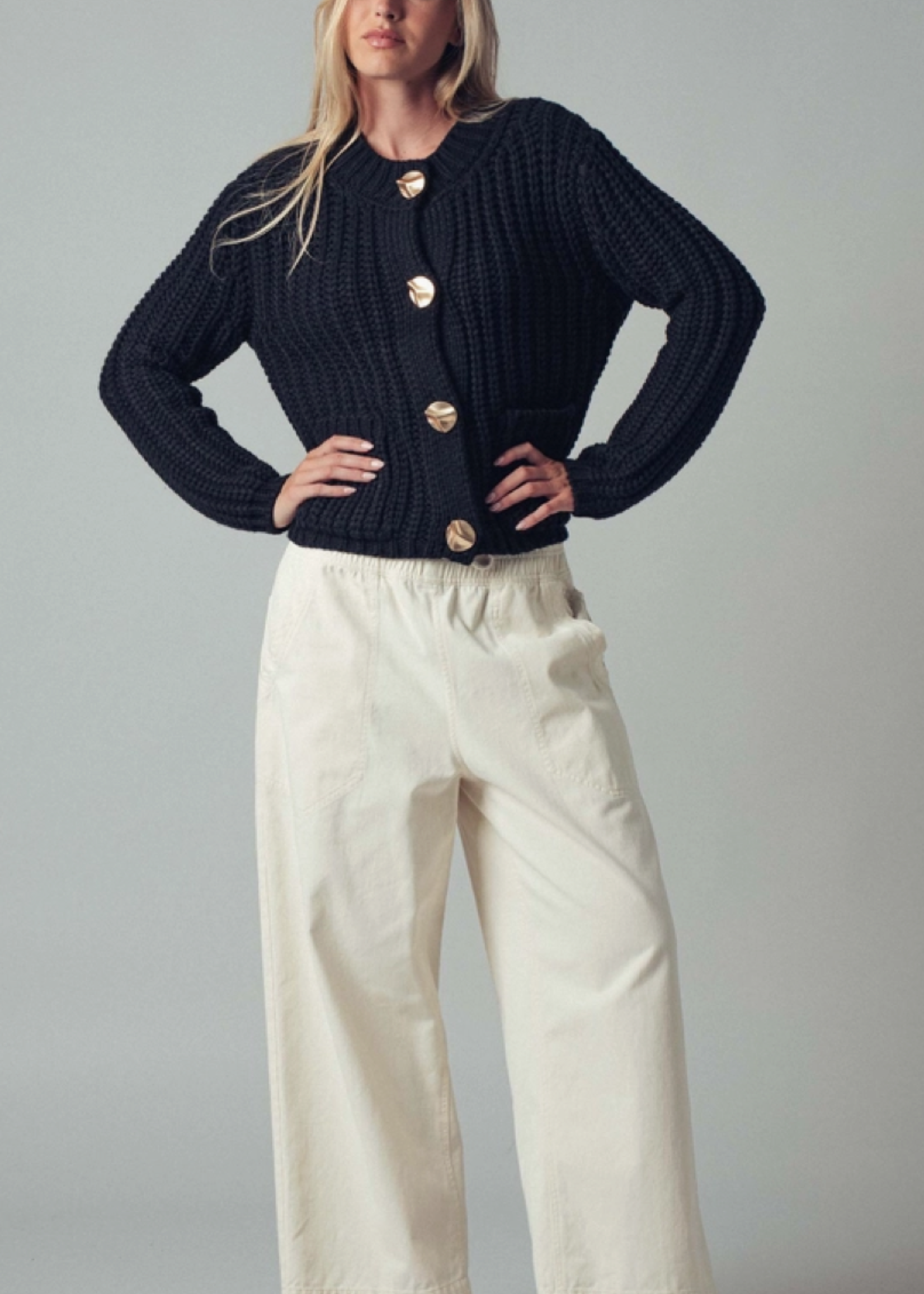 Chunky Gold Button Ribbed Knit Cardigan