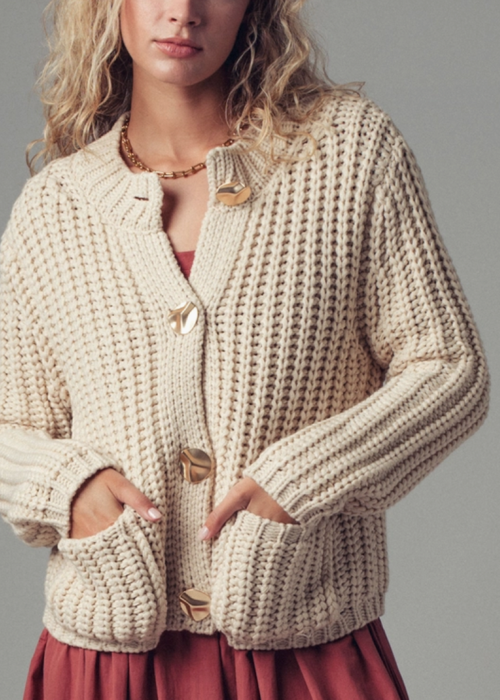 Chunky Gold Button Ribbed Knit Cardigan