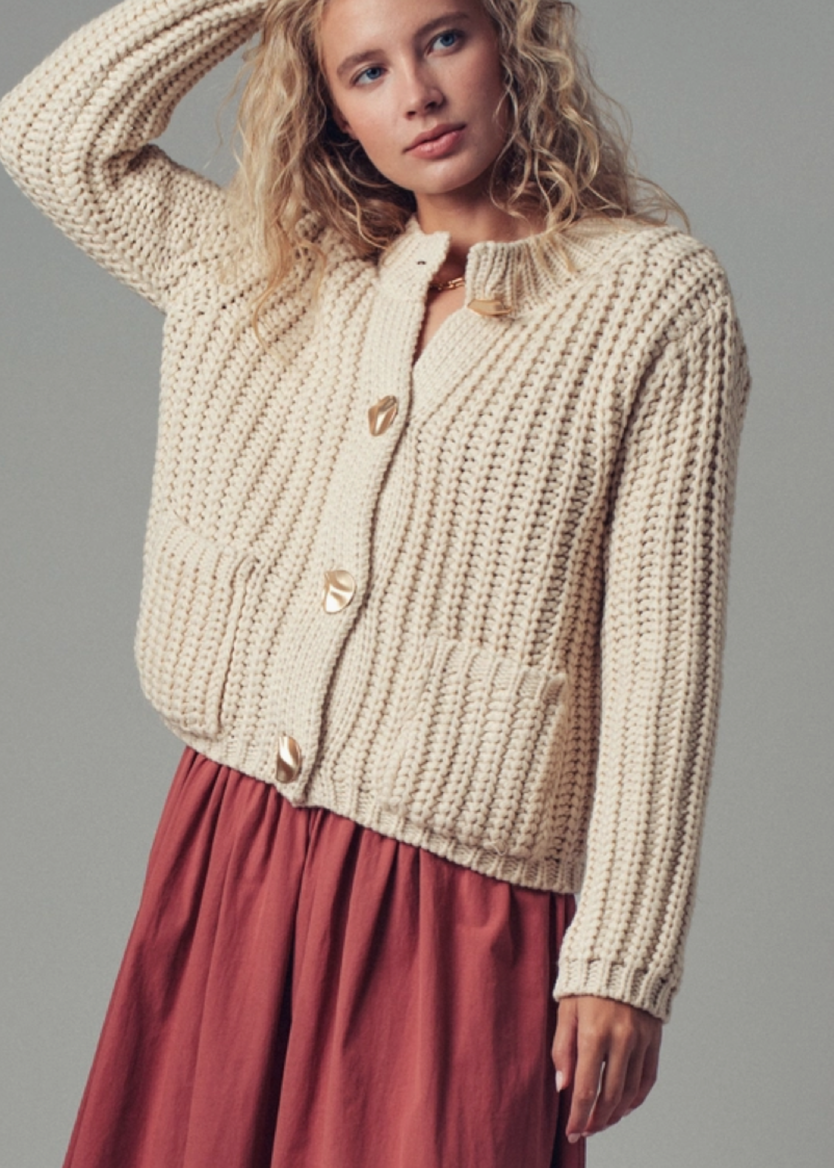 Chunky Gold Button Ribbed Knit Cardigan