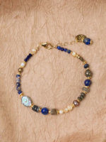 Blue Moon 7.5-8.5" Lapis Lazuli, Pyrite, Labradorite, Sodalite, Freshwater Pearl, Mother of Pearl, Abalone Flower Collage Bracelet