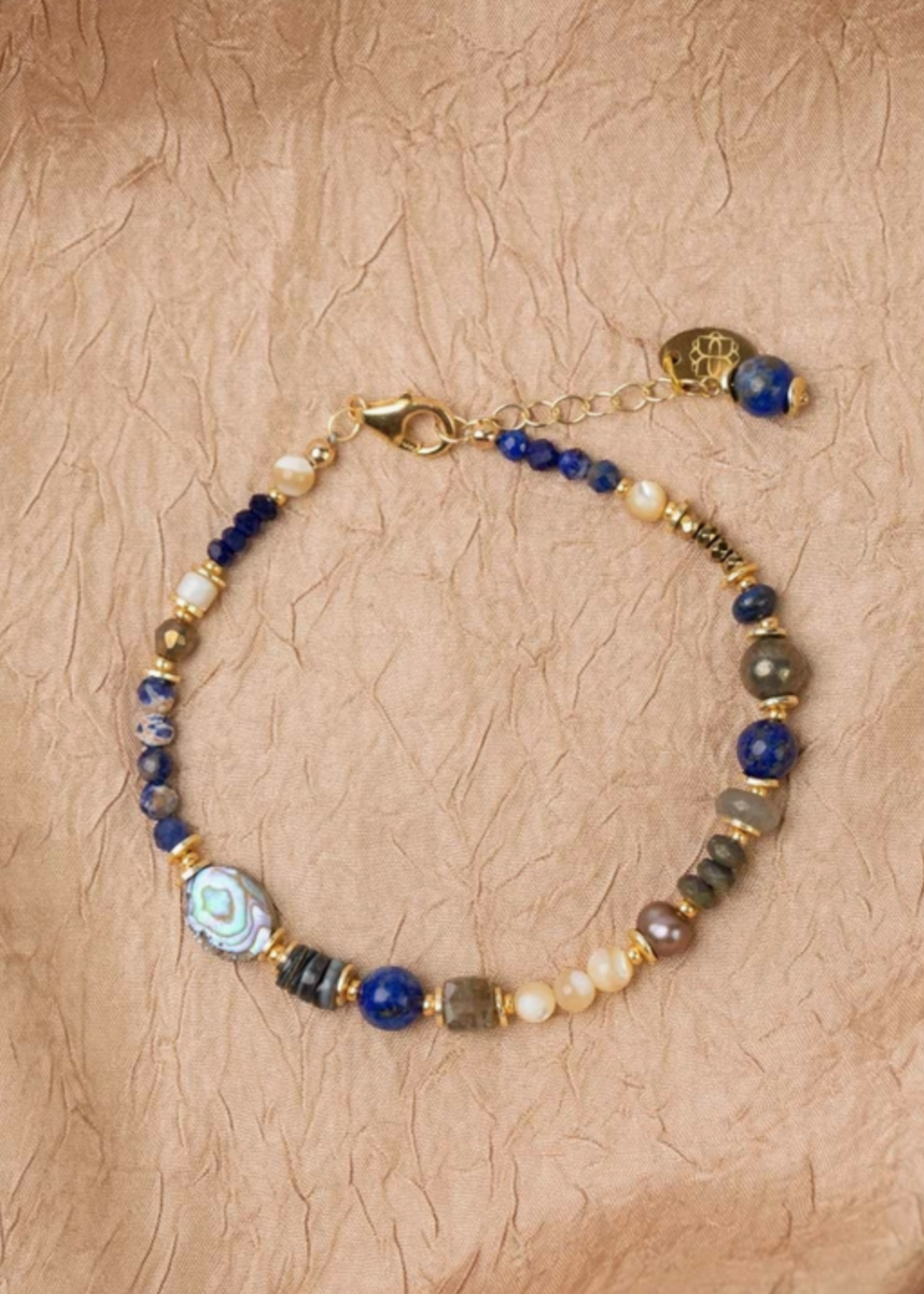 Blue Moon 7.5-8.5" Lapis Lazuli, Pyrite, Labradorite, Sodalite, Freshwater Pearl, Mother of Pearl, Abalone Flower Collage Bracelet
