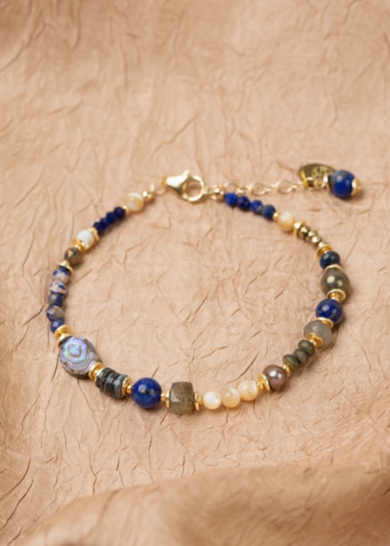 Blue Moon 7.5-8.5" Lapis Lazuli, Pyrite, Labradorite, Sodalite, Freshwater Pearl, Mother of Pearl, Abalone Flower Collage Bracelet