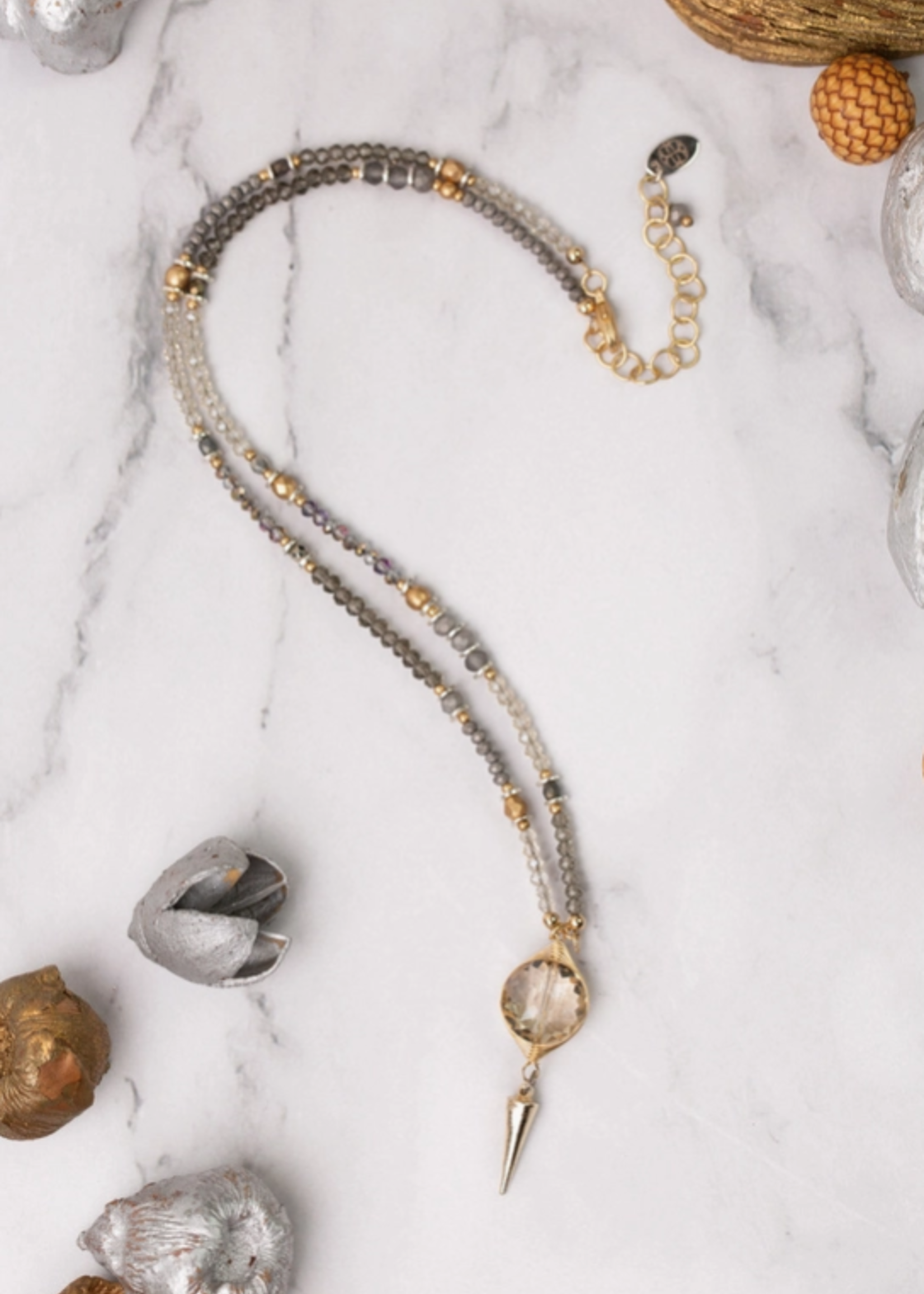 Silver & Gold 18.5-20.5" Czech Glass with Crystal Collage Necklace