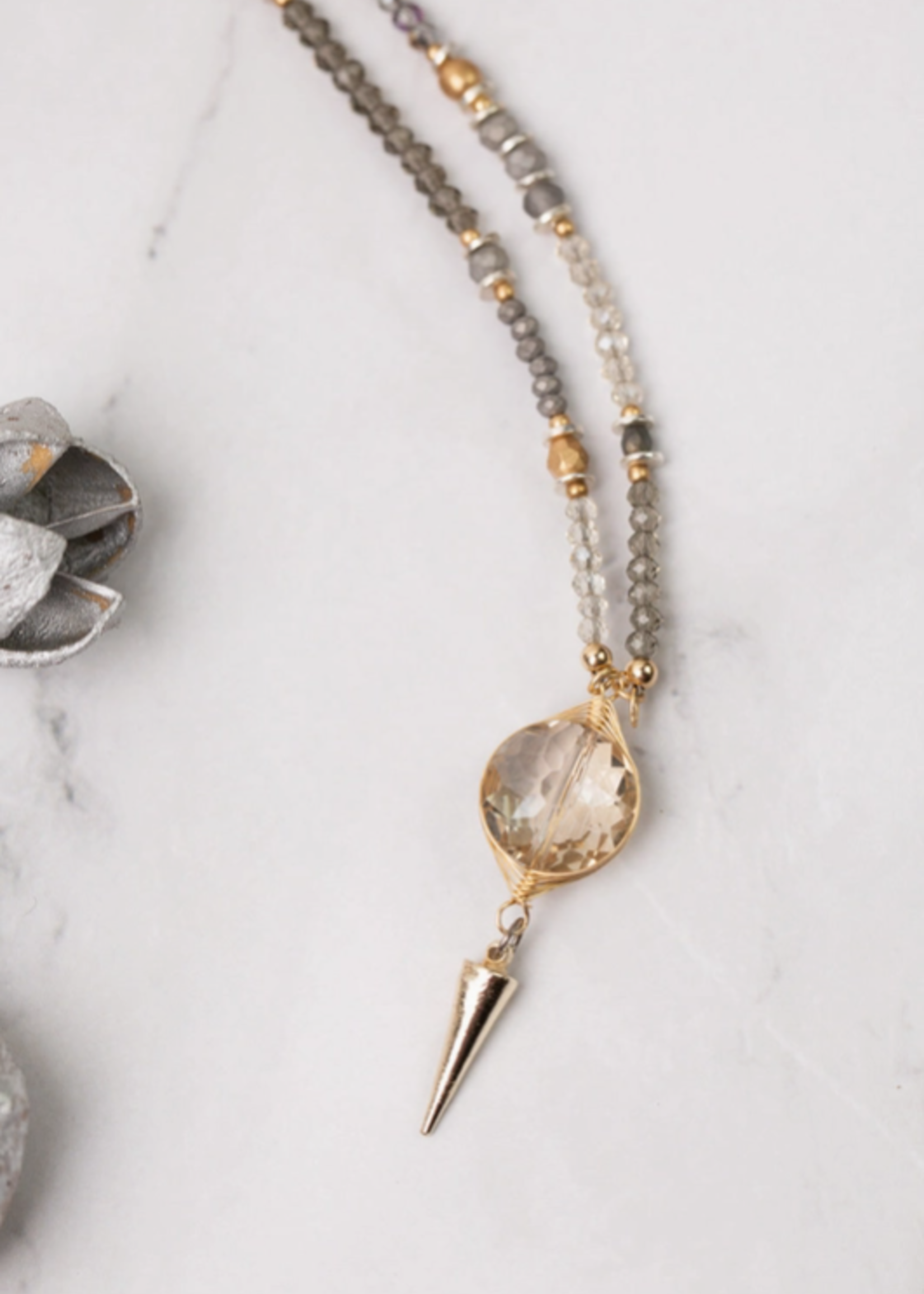 Silver & Gold 18.5-20.5" Czech Glass with Crystal Collage Necklace