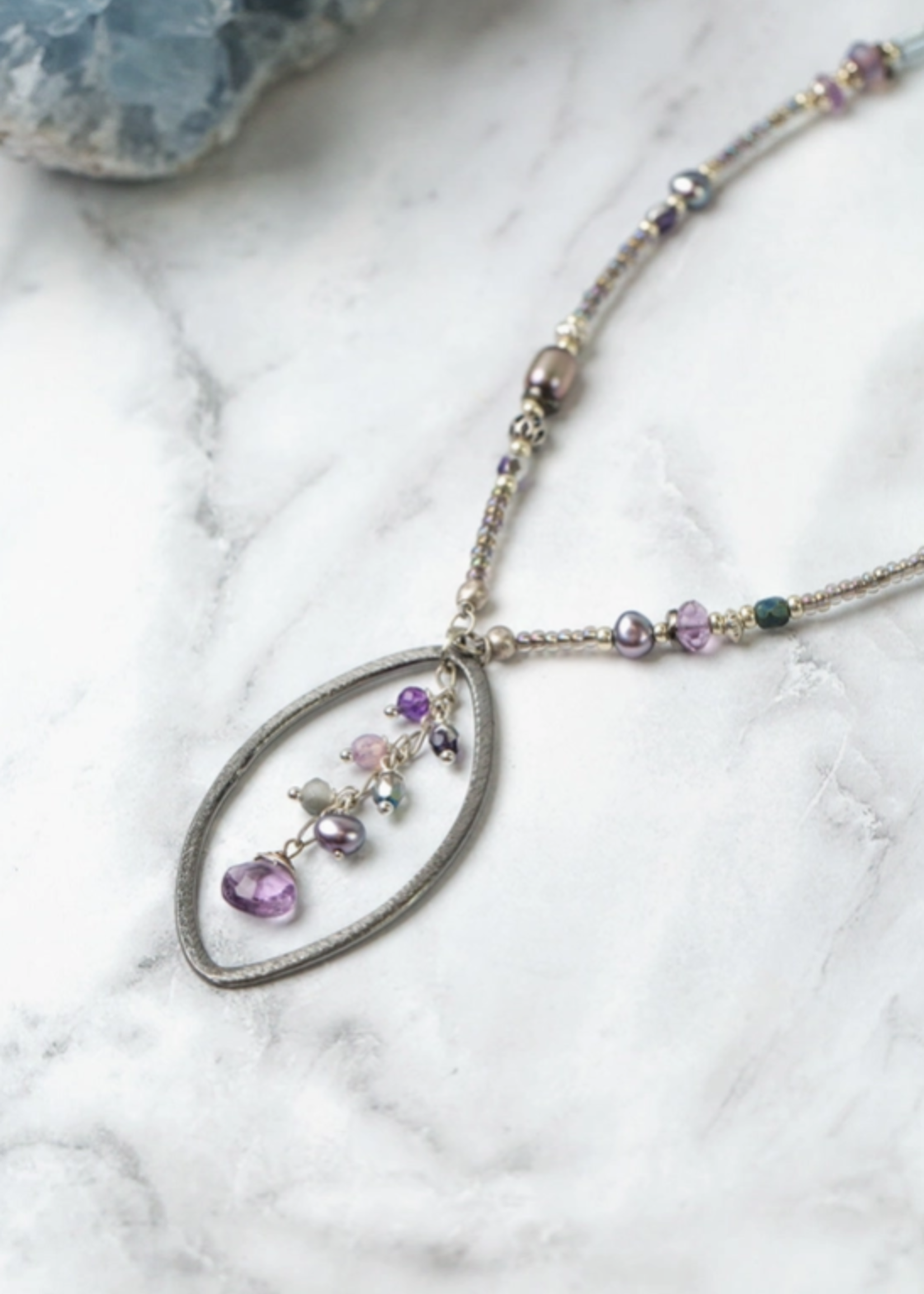 Reflections 19-21" Freshwater Pearl, Czech Glass, Crystal Cluster Necklace