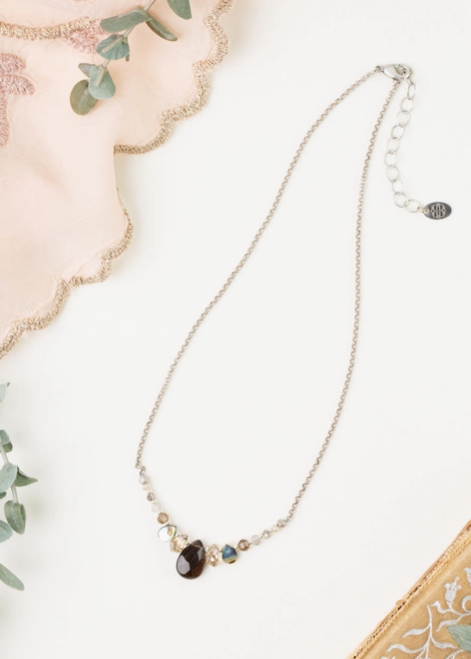 Windsor Castle 15.5-17.5" Smoky Quartz, Crystal, Abalone Simple Necklace