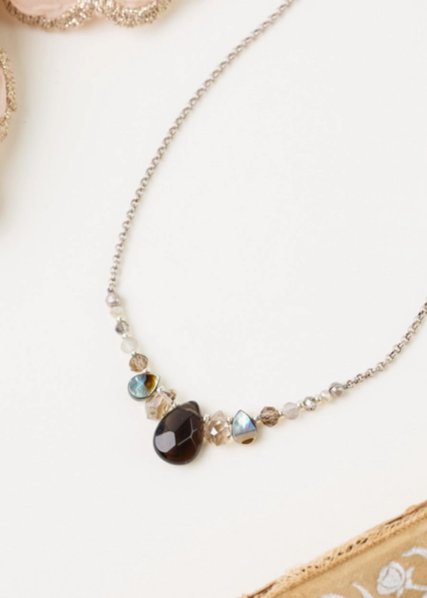 Windsor Castle 15.5-17.5" Smoky Quartz, Crystal, Abalone Simple Necklace