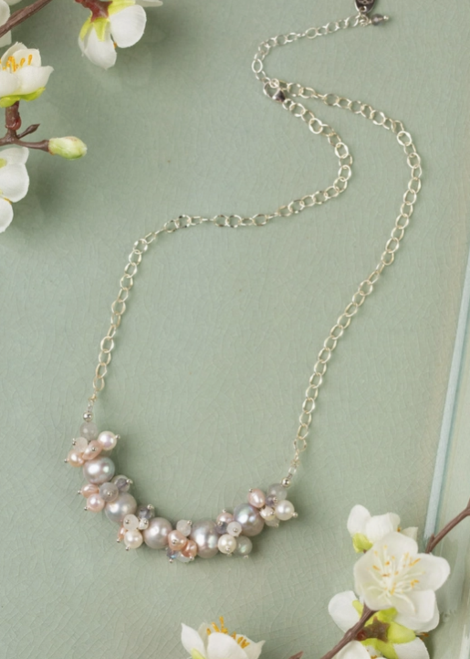 Blush 16-18" Grey Freshwater Pearl with White Freshwater Pearl, Labradorite, Rainbow Moonstone and Pink Freshwater Pearl Cluster Necklace