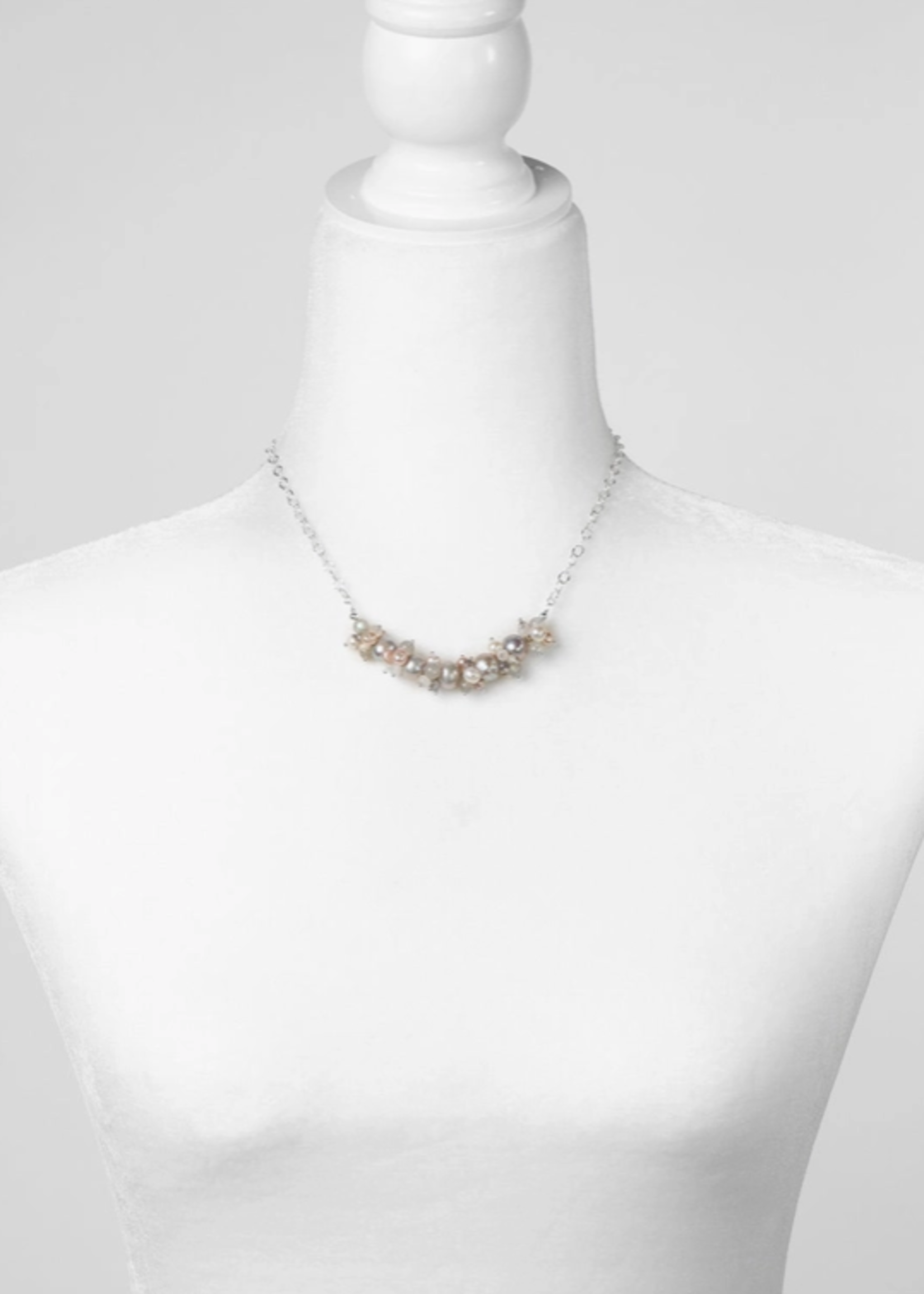 Blush 16-18" Grey Freshwater Pearl with White Freshwater Pearl, Labradorite, Rainbow Moonstone and Pink Freshwater Pearl Cluster Necklace