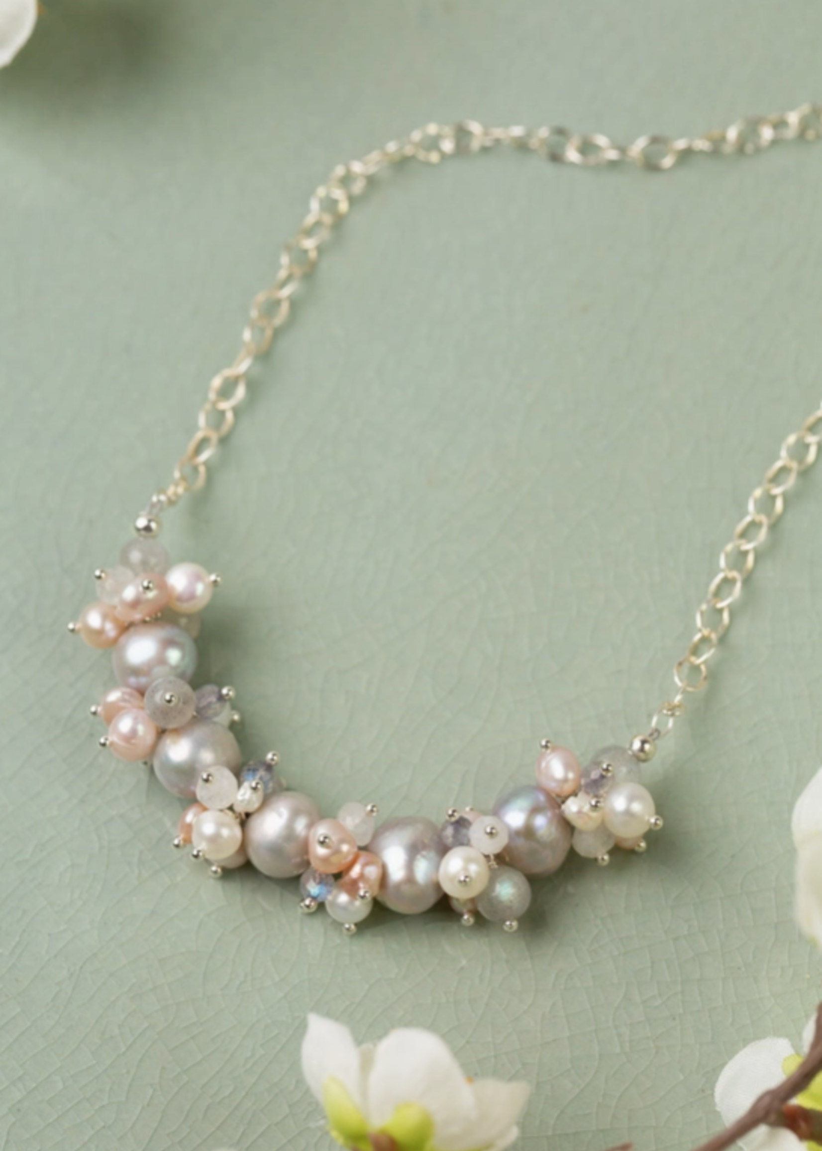 Blush 16-18" Grey Freshwater Pearl with White Freshwater Pearl, Labradorite, Rainbow Moonstone and Pink Freshwater Pearl Cluster Necklace